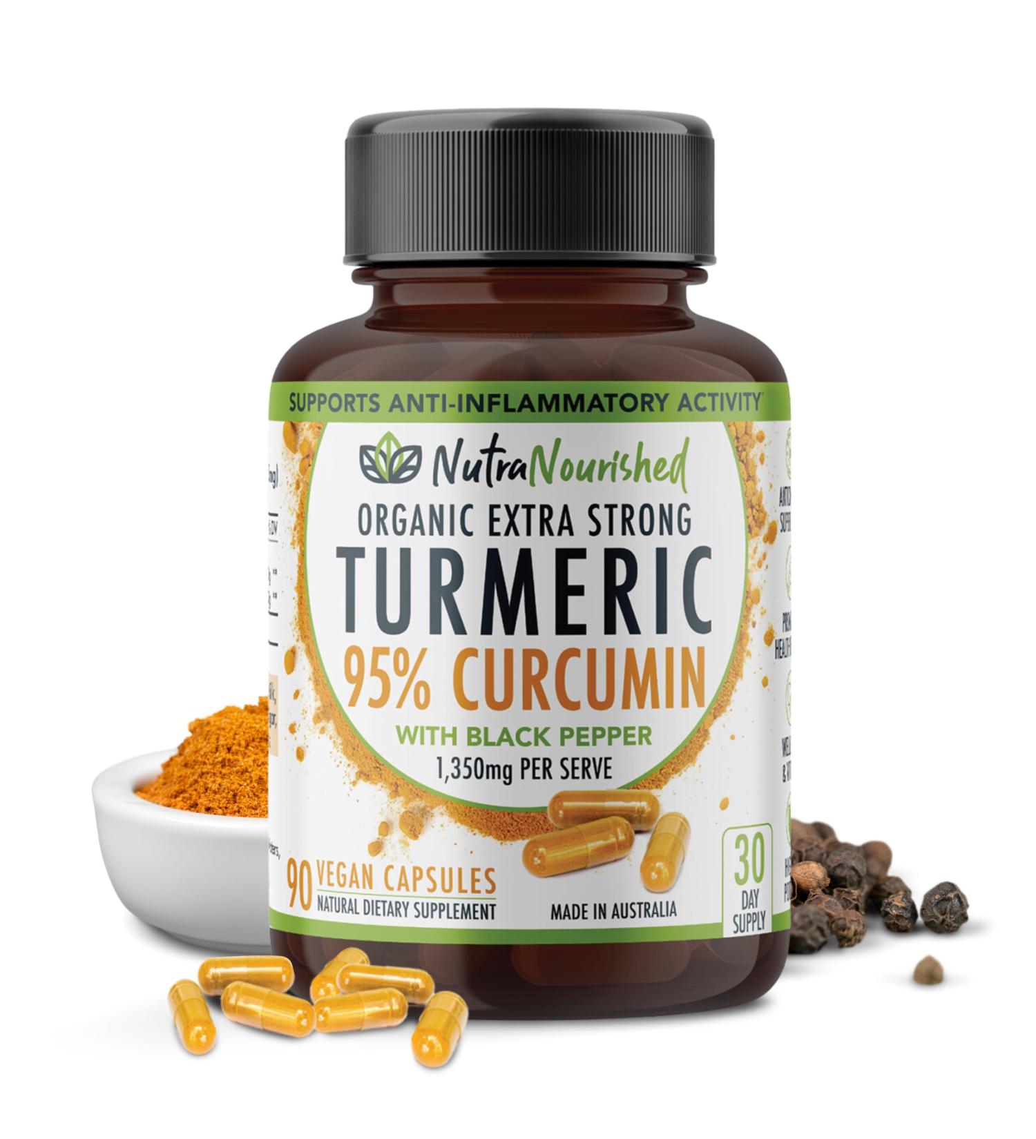 Nutra Nourished Organic Turmeric Curcumin with Black Pepper - 1350mg Standardized Turmeric 95% Curcumin| Highest Strength Curcumin Curcuma Capsules | Made in Australia (90 Capsules) - Buy Online on GoSupps.com