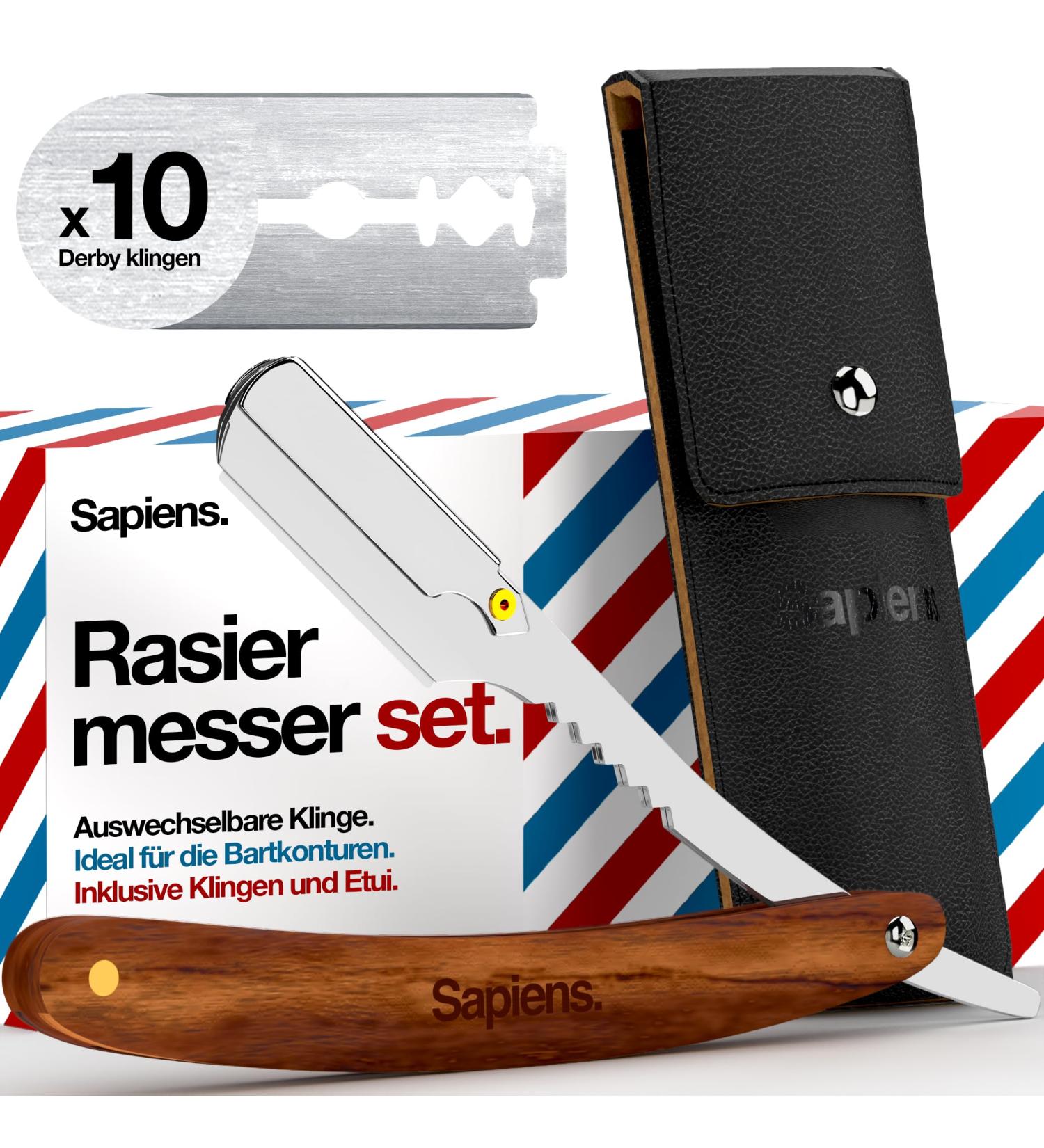Sapiens Barbershop Razor for Men - Beard Razor + 20 Derby Blades & Carrying Bag - Wooden Handle Straight Razor Set (12 Pieces) - International Shipping Available - Buy Online on GoSupps.com
