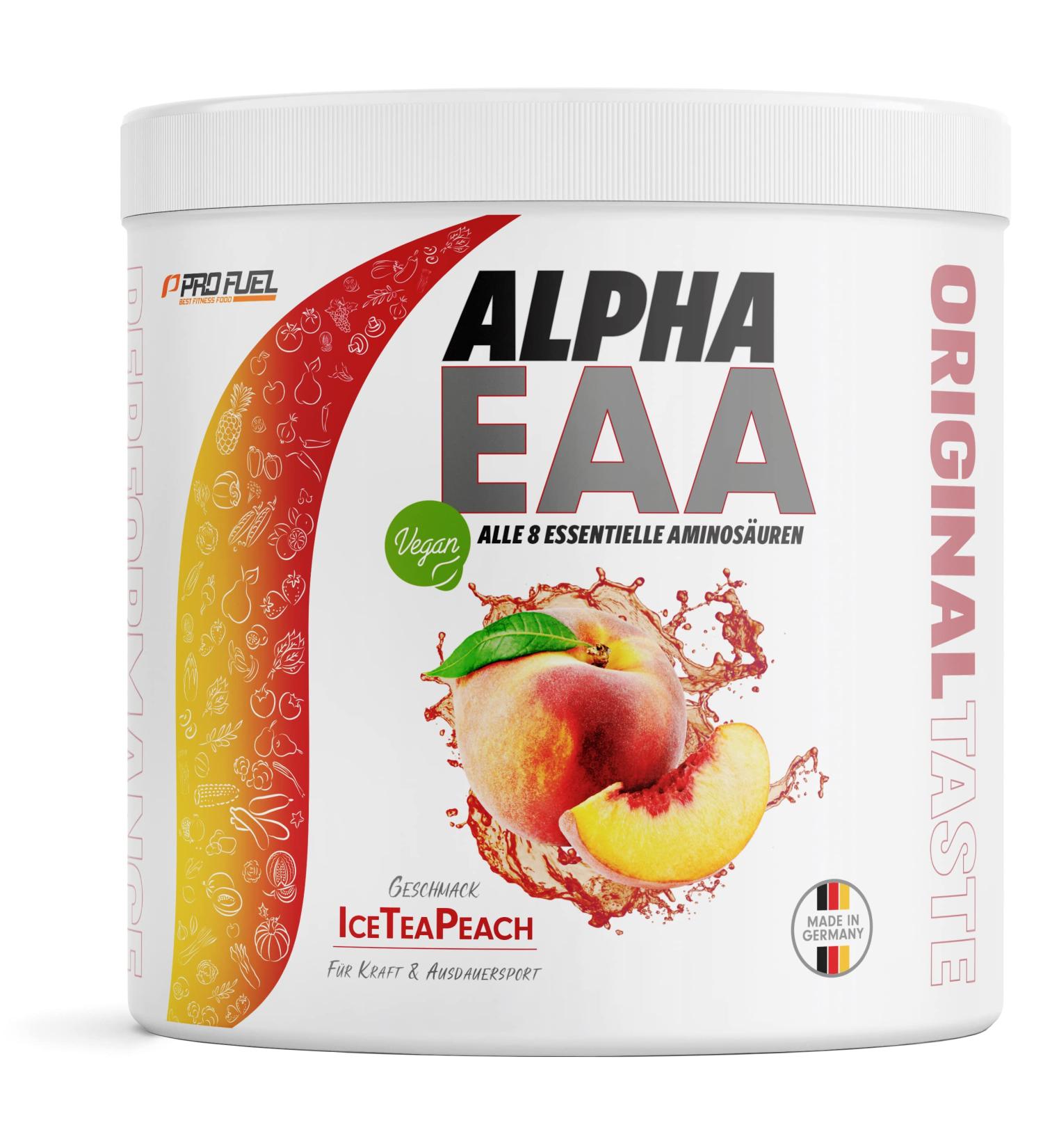 Alpha EAA Powder 462g - Delicious Vegan Ice Tea Peach | All 8 Essential Amino Acids | Optimal Workout Drink | Made in Germany - Buy Online on GoSupps.com