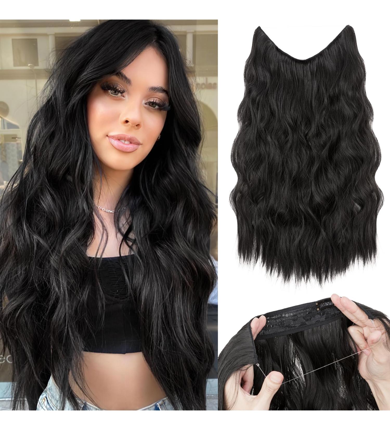 Benehair Invisible Wire Hair Extension 20 Inches Halo Hair Extension with 4 Secure Clips Synthetic Hair Piece Long Wavy Secret Headband Hairpieces for Women Halo Extensions Natural Black Hair #2A 20Inches Natural Black - Buy Online on GoSupps.com