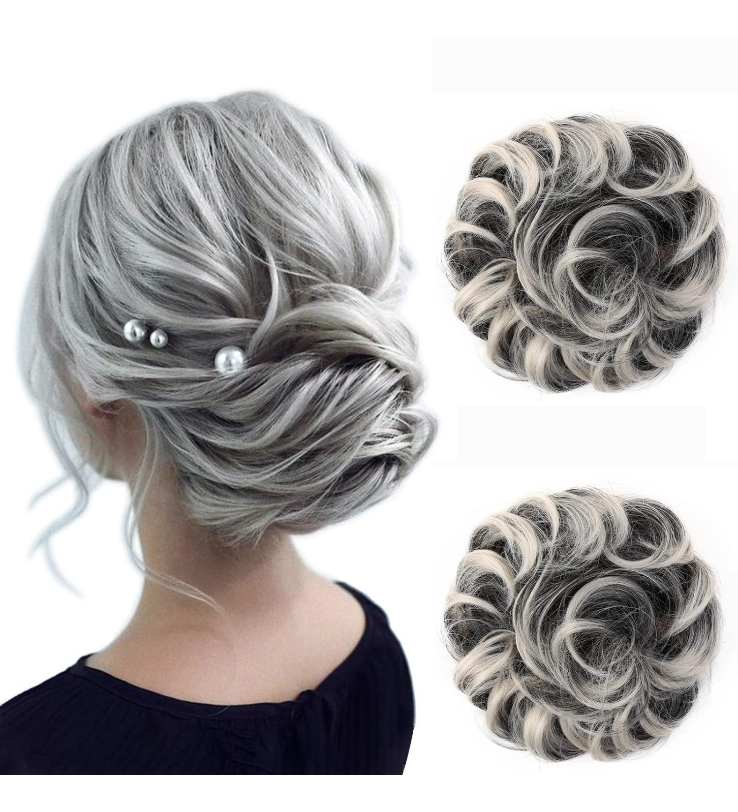 JJstar 2PCS Messy Bun Hair Pieces - Curly Fake Hair Buns for Women - High Heat Resistant Synthetic Fiber Scrunchies - Gray & White Tips - Buy Online on GoSupps.com