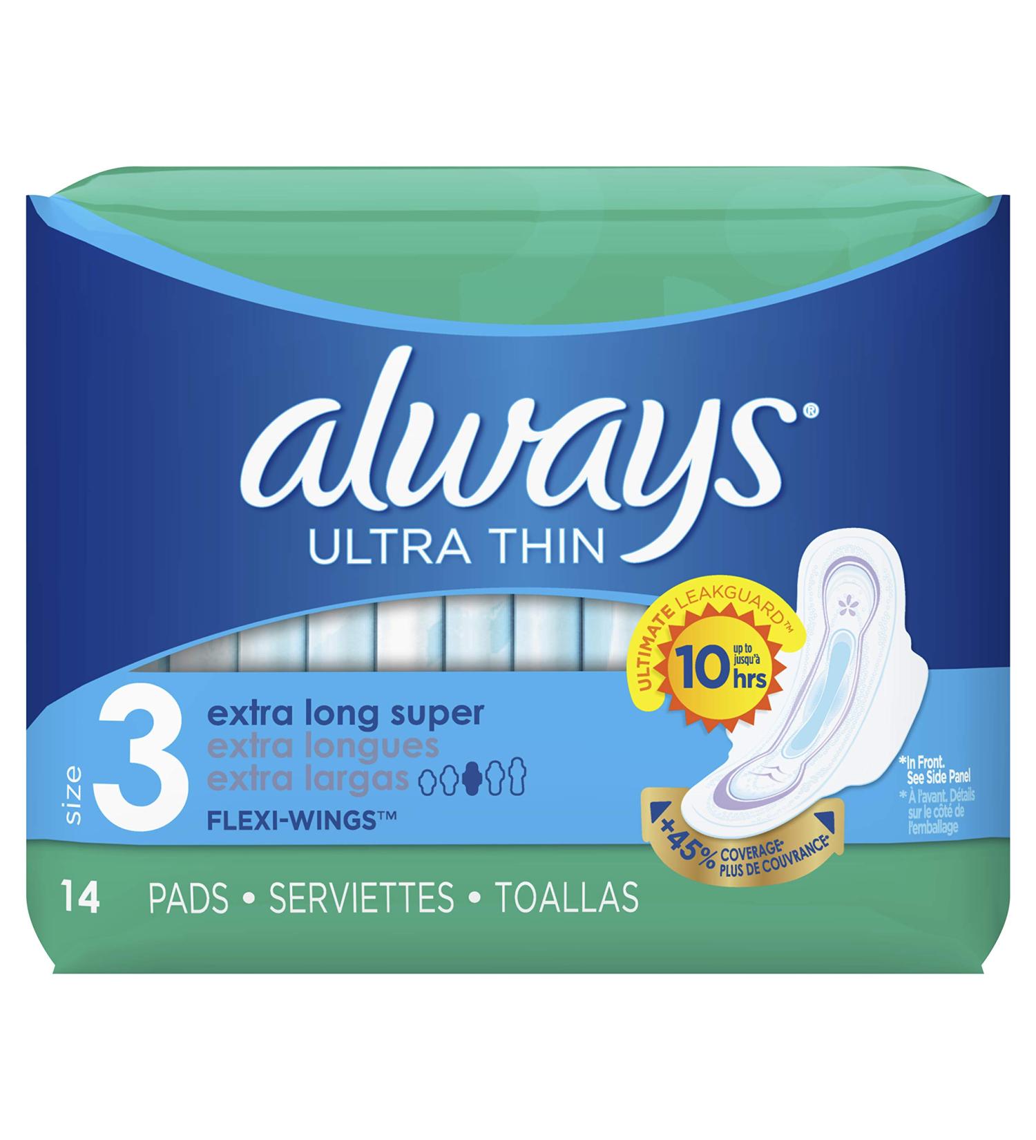 Always Ultra Thin Pads Size 3 Extra Long Super Absorbency with Wings Unscented - 14 Count - Buy Online on GoSupps.com