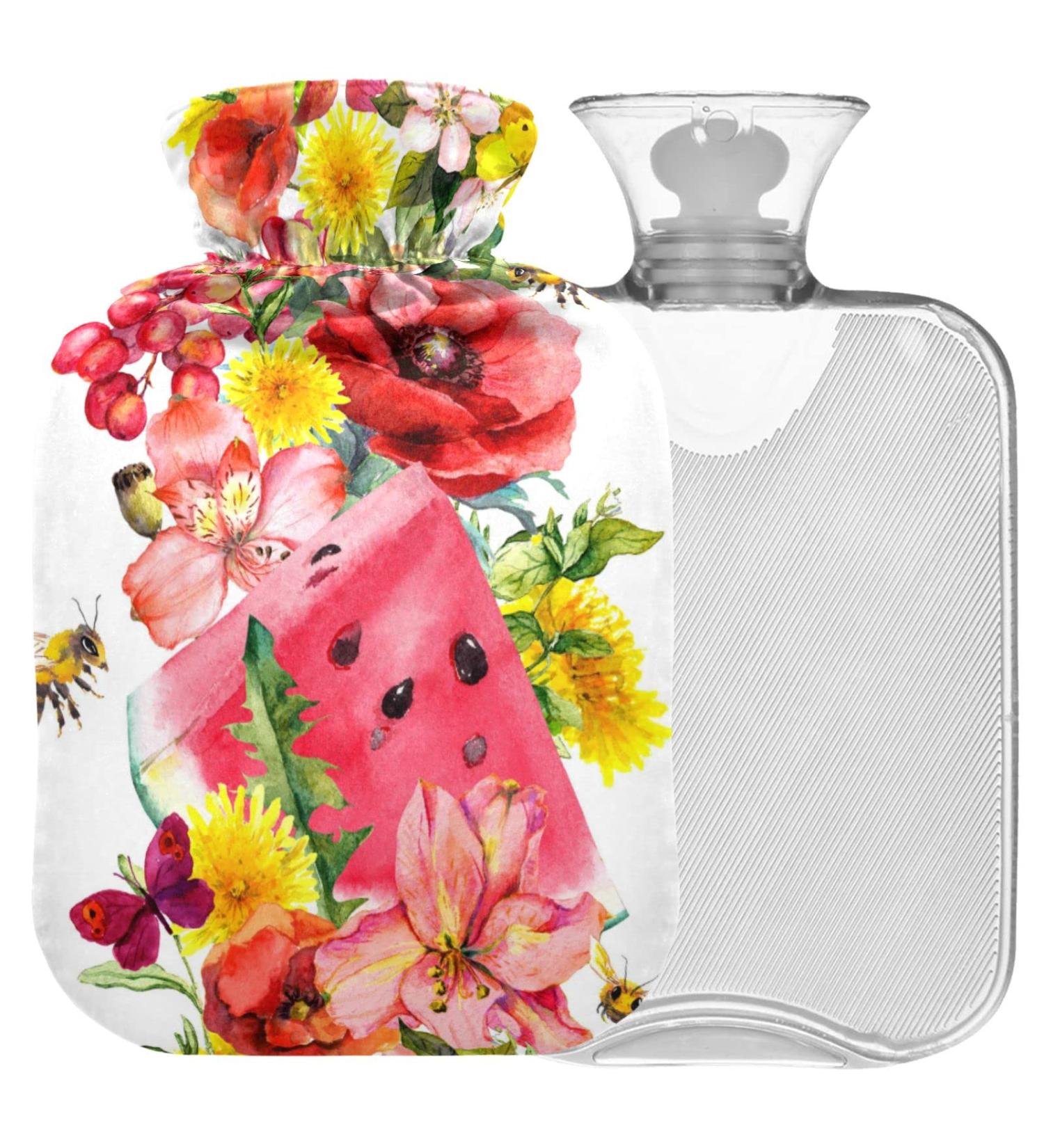 NAANLE Bee Poppy Flower Watermelon Heat Bottle - 1L Transparent Hot Water Bottle with Cover for Pain Relief & Therapy - Ideal for Bed Hands & Feet - Buy Online on GoSupps.com
