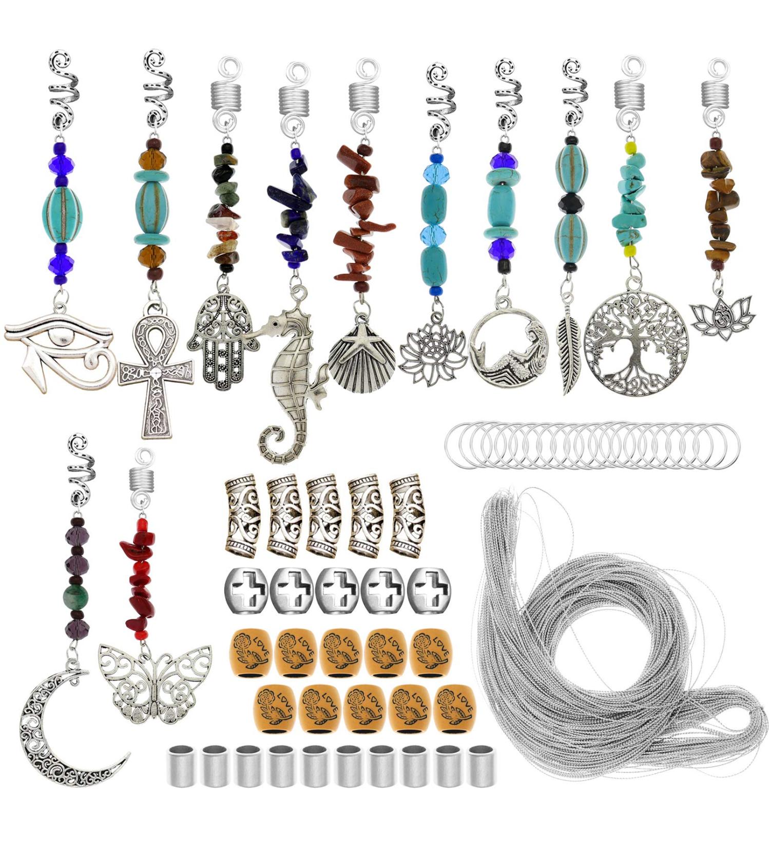 RechicGu 62Pcs Handmade Natural Chakra Crystal Dreadlock Jewelry with Metallic Cord - Turquoise Egyptian Cross Lotus Silver - Buy Online on GoSupps.com