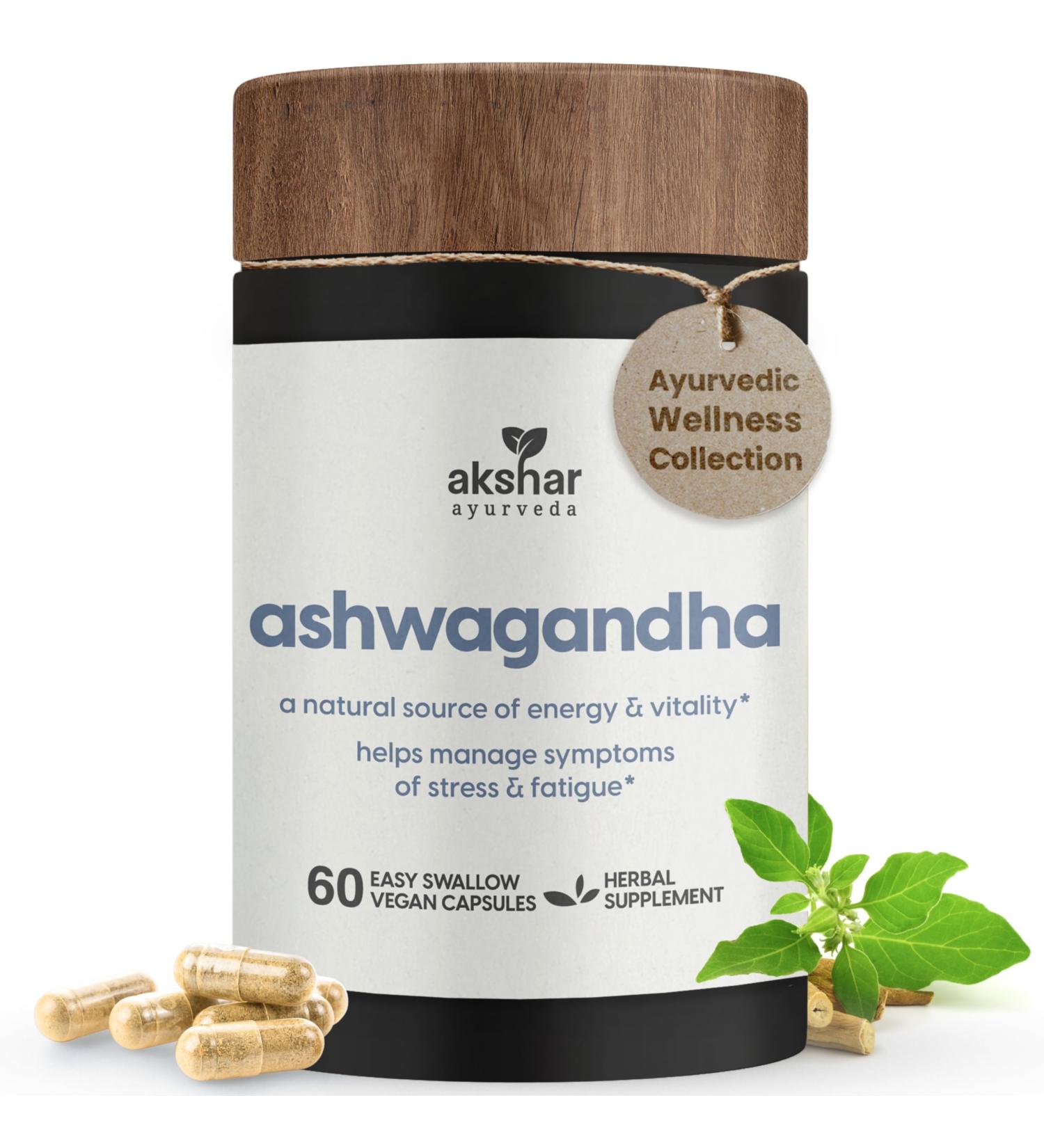 AKSHAR Ayurveda - Ashwagandha Capsules with Ashwagandha Root Extract and Powder - Adaptogenic Herbal Support - Vegan Cruelty-Free Ashwagandha Supplements (60 Count) - Buy Online on GoSupps.com