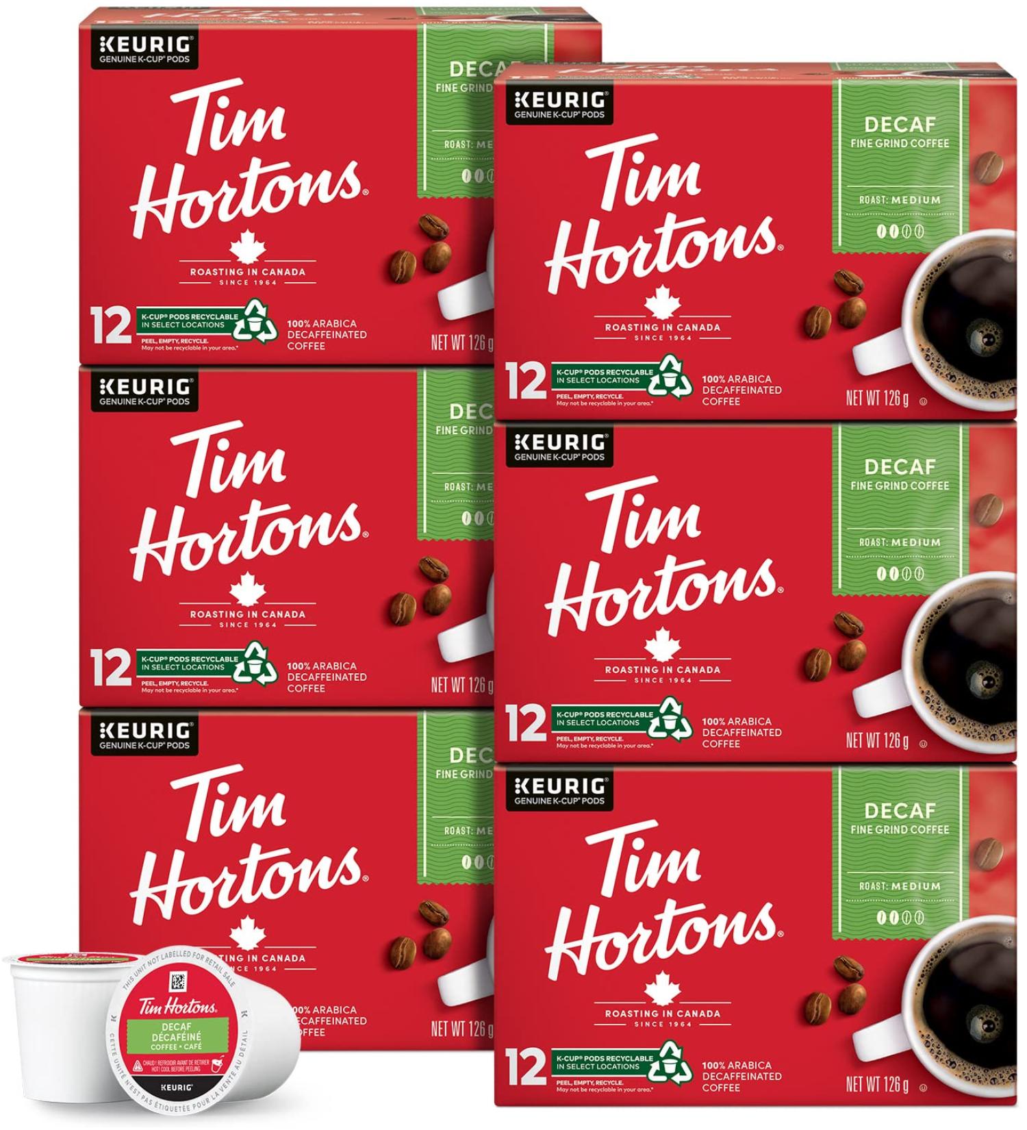 Tim Hortons Decaf Coffee Single Serve Keurig K Cup Pods Medium Roast 72 Count 6 - Buy Online on GoSupps.com
