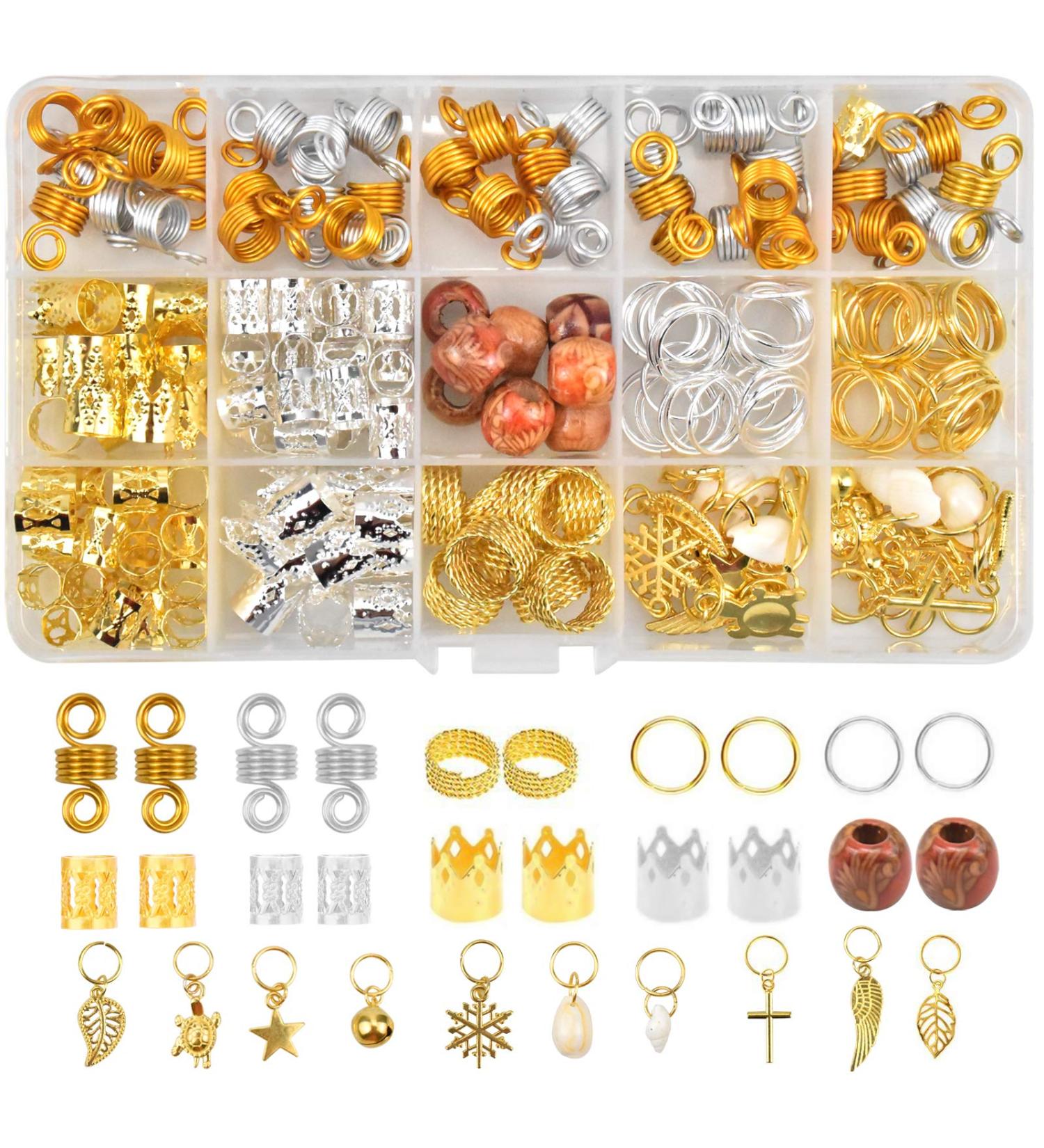 Aluminum Hair Mesh Rings Set | 16 Styles Hair Loops Clips & Pendant Rings for Dreadlocks & Braids | Silver & Gold Charms Hair Clip Accessories - Buy Online on GoSupps.com