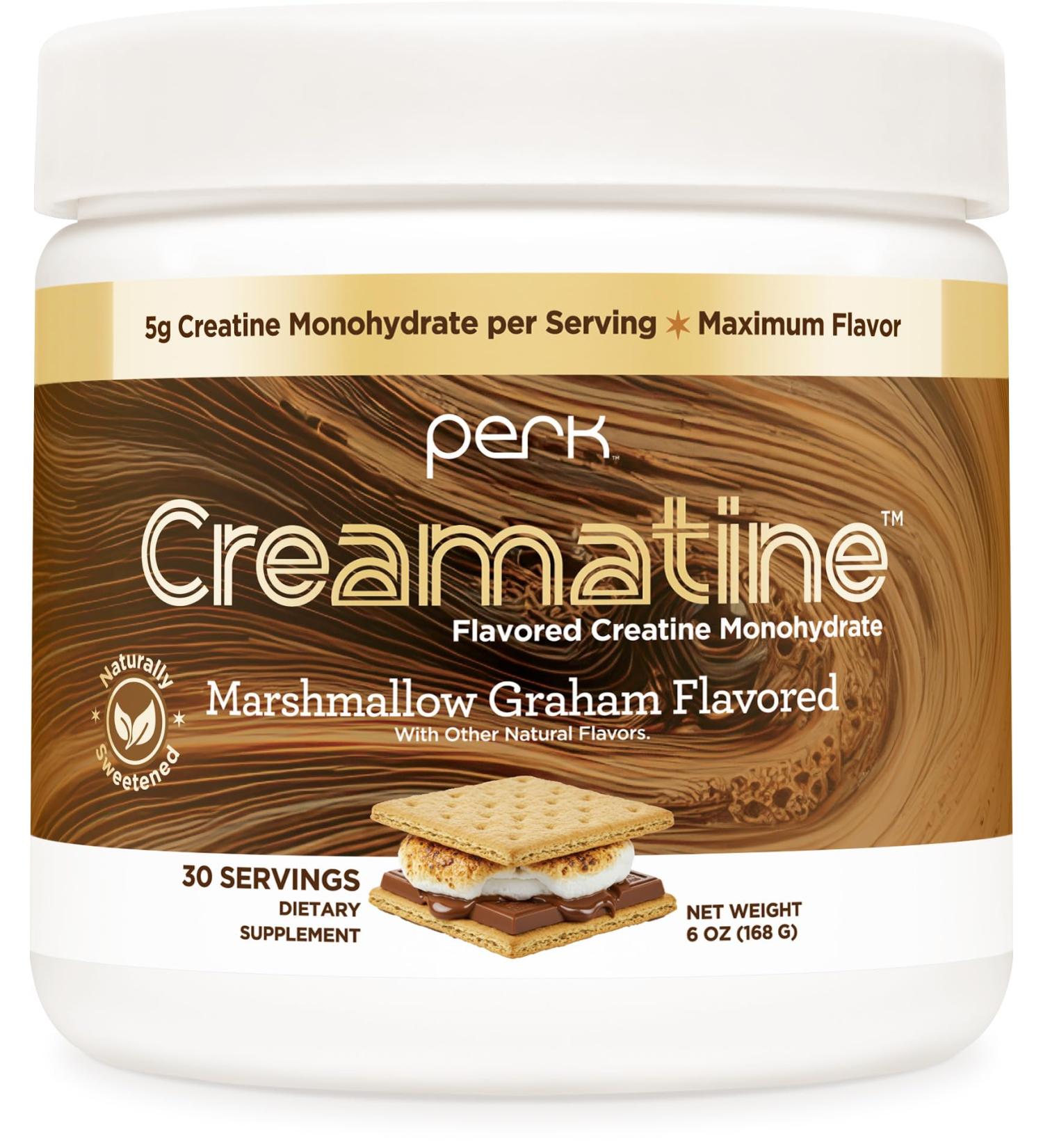 Perk Creamatine (Marshmallow Graham) 30 Servings - Flavored Creatine Monohydrate 5g of Creatine per Serving Naturally Sweetened Zero Sugar Gluten-Free Soy-Free - Buy Online on GoSupps.com