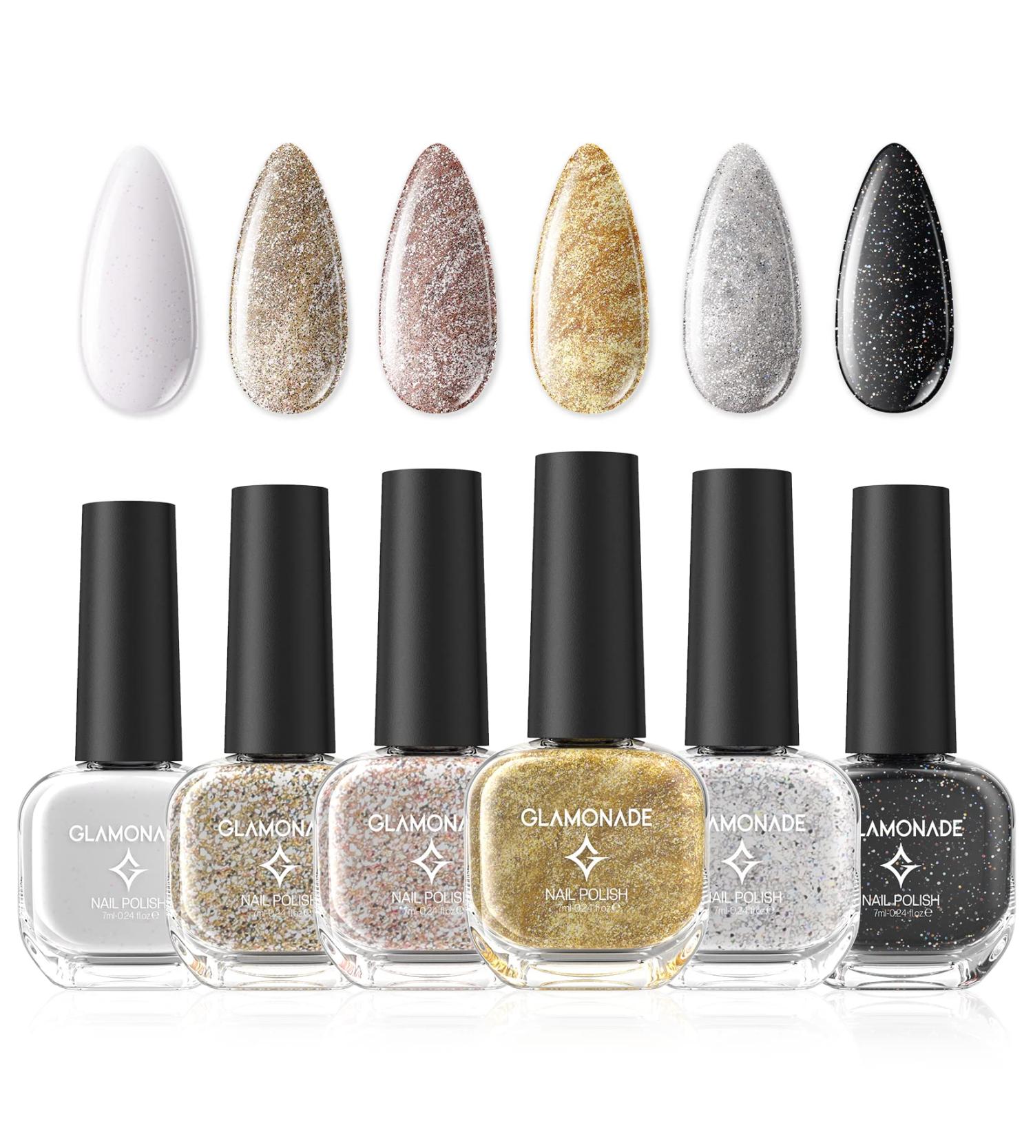 Glamonade 6-Piece Water-Based Nail Polish Set - Non-Toxic DIY Kit for Women and Girls - Golden Silvery Shades - 0.24oz Each - Buy Online on GoSupps.com