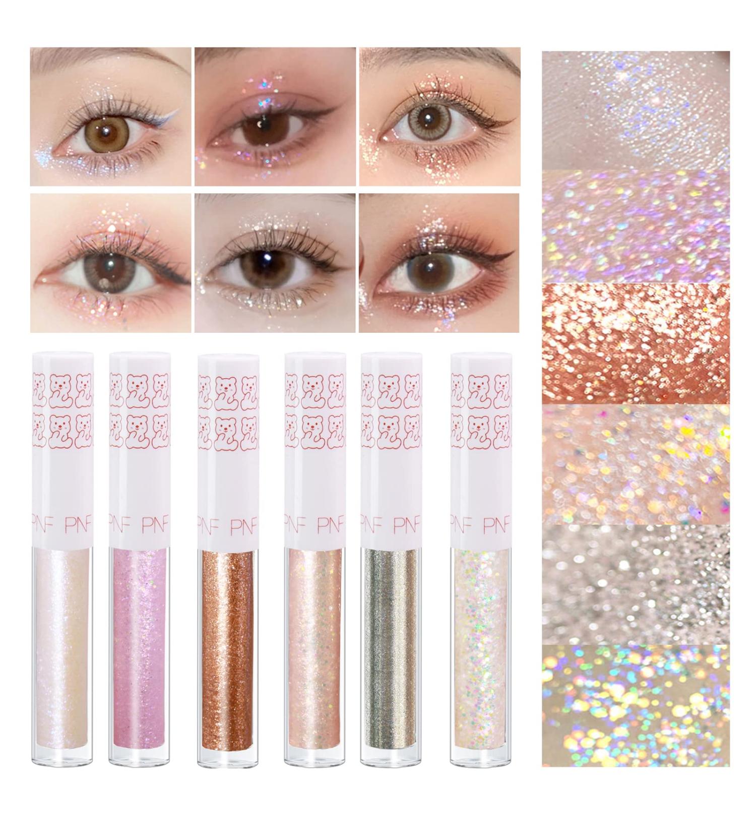 6Pcs Korean Liquid Glitter Eyeshadow and Eyeliner Set - Long Lasting Metallic Shimmer Makeup Kit with Quick Drying Formula and Pigmented Loose Glitter Glue for Crystal Eye Makeup - Buy Online on GoSupps.com