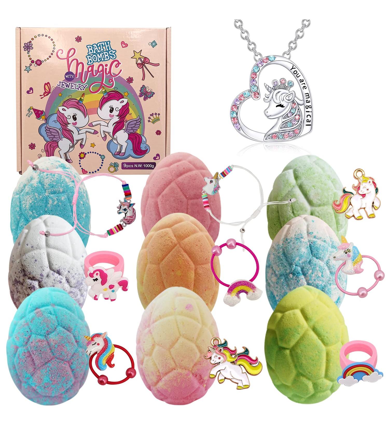 Magic Unicorn Bath Bombs Gift Set - 9 Pack Organic Kids Bath Bombs with Jewelry Inside for Girls - Buy Online on GoSupps.com
