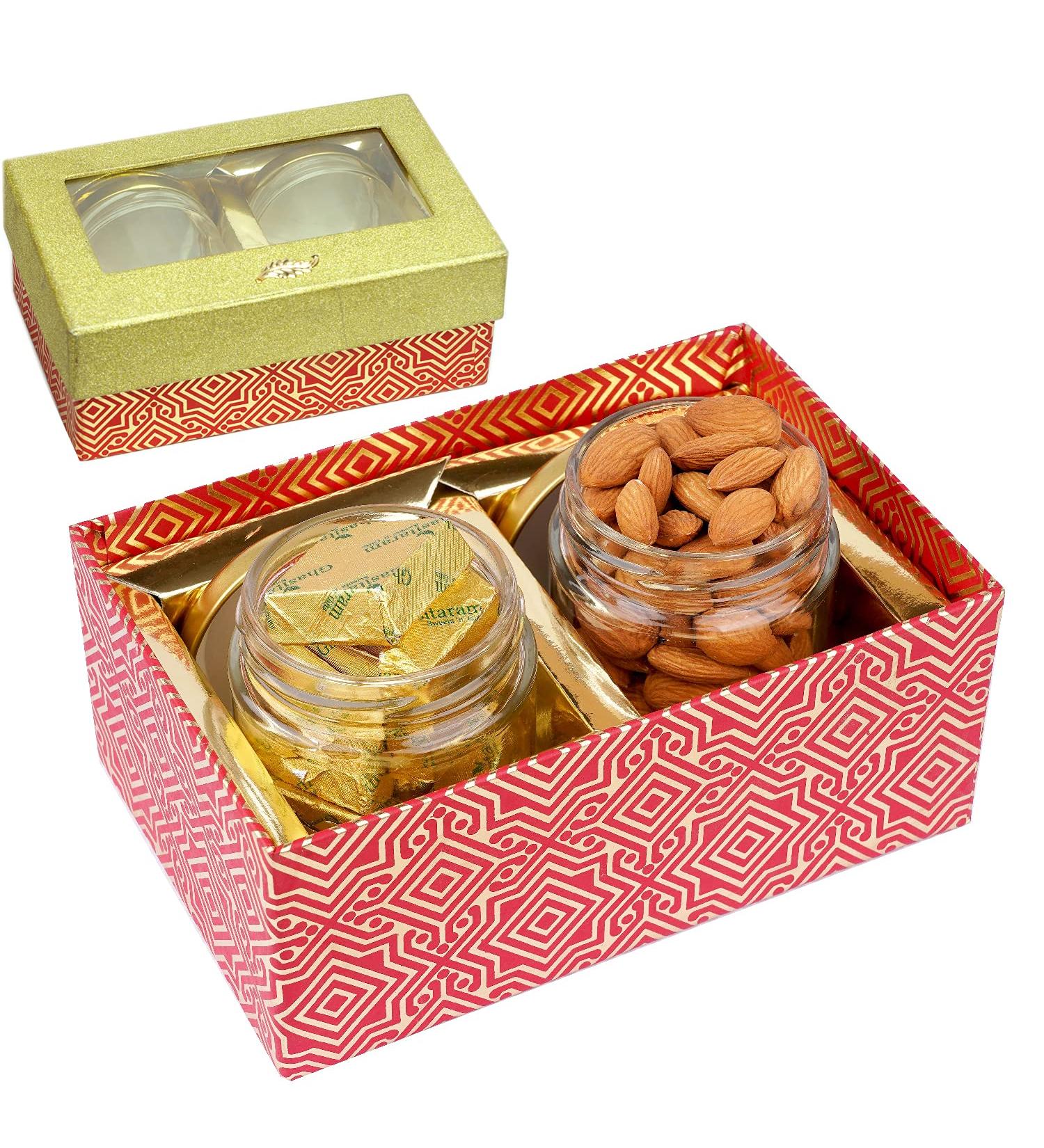 Jaiccha Ghasitaram Dryfruits Hamper- box with 2 Jars of Almonds and Mewa Bites |Gift for Diwali Holi Rakhi Valentine Christmas Birthday Anniversary Her Him| - Buy Online on GoSupps.com