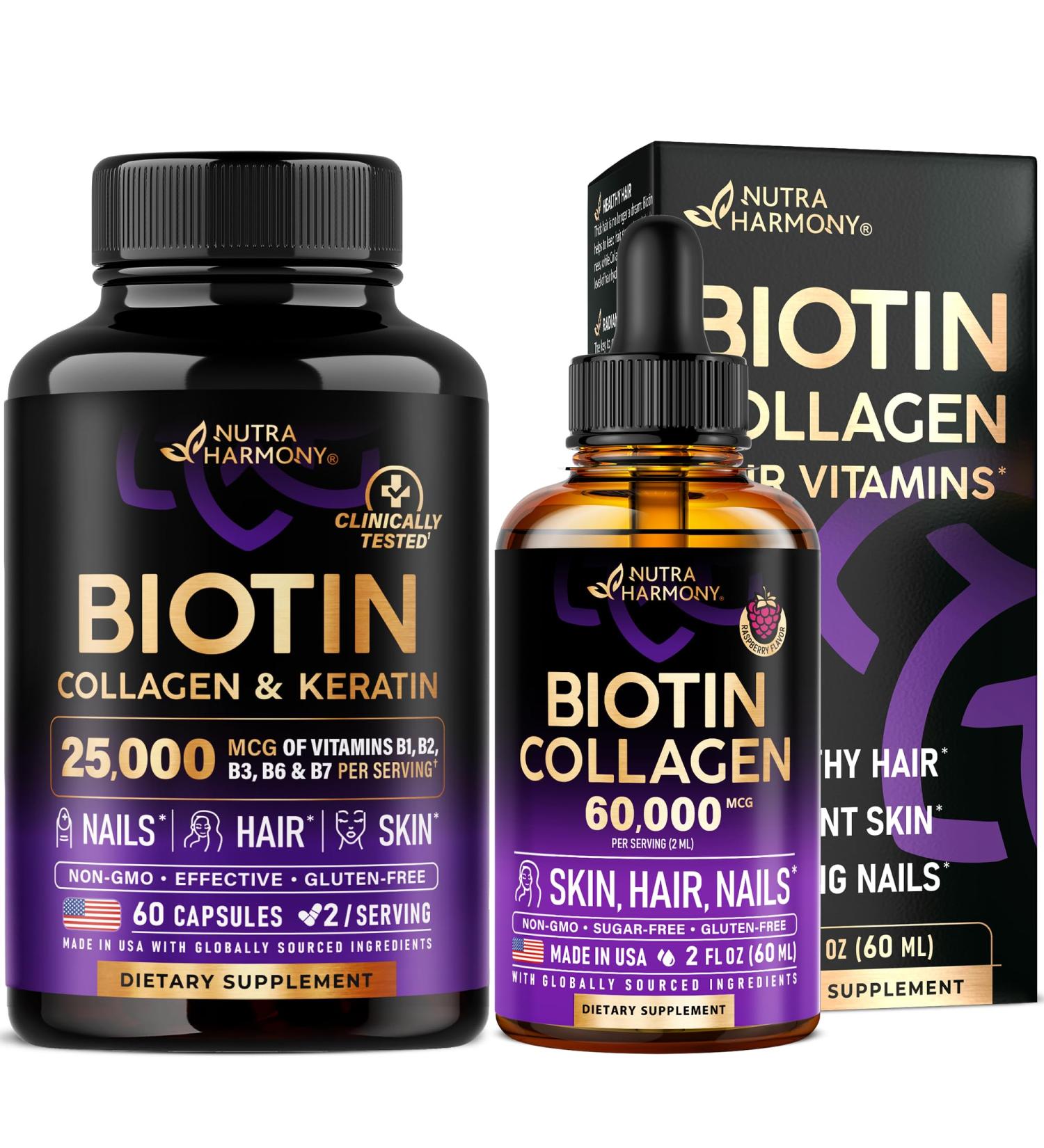 NUTRAHARMONY Biotin Collagen Hyaluronic Acid Capsules & Liquid Biotin Collagen Drops