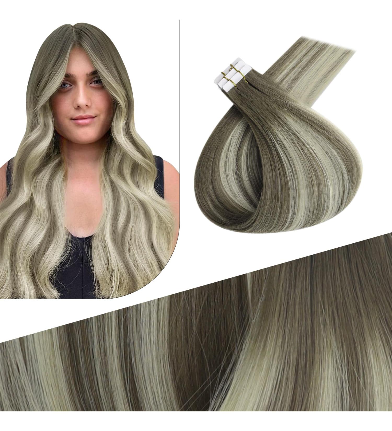 FSHINE Virgin Tape Extensions - Real Hair 55cm Highlight Light Brown to Blonde 10 Pieces #7/7/Icy Injected Smooth Tapes - Buy Online on GoSupps.com