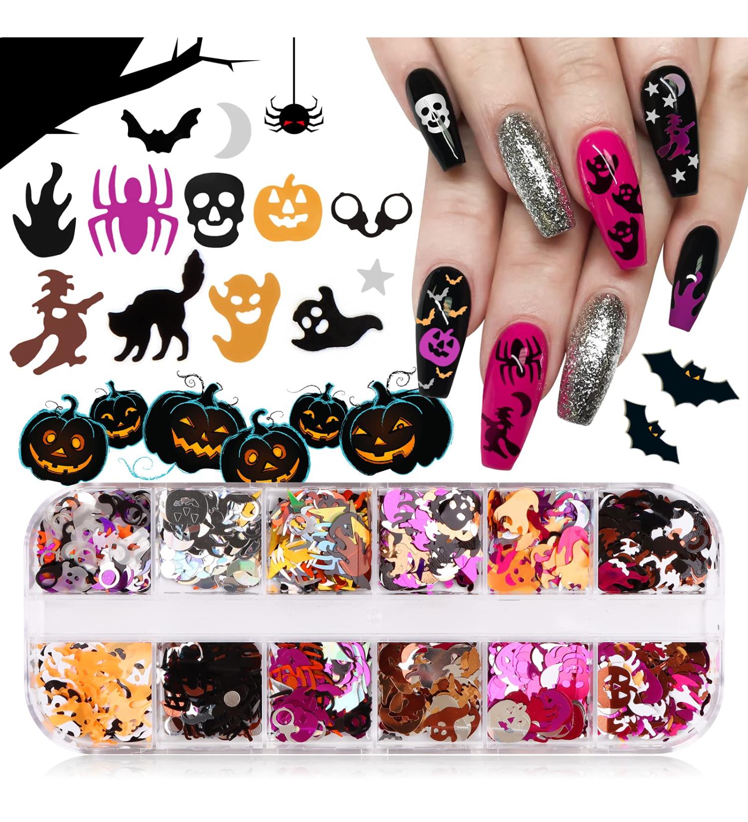 Ebanku 12 Color Halloween Nail Seedlets - 3D Glitter Sequin Nail Art & Holographic Decorations for Manicure Face & Body - Buy Online on GoSupps.com