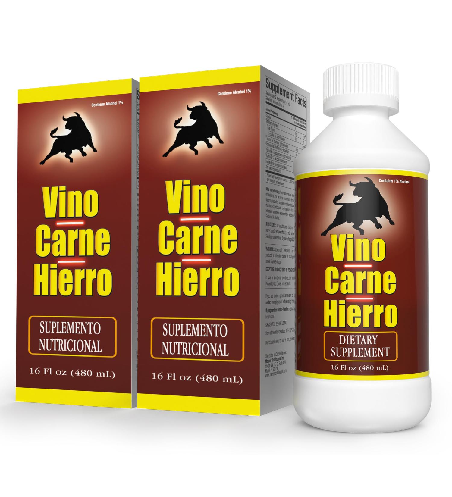 Menper Vino Carne Hierro Iron Supplement | Liquid Supplements with Iron & Vitamin Supplement Blend for Energy Support Red Blood Cell Function Oxygen Transport & Vitality | 16 Fl Oz (2)