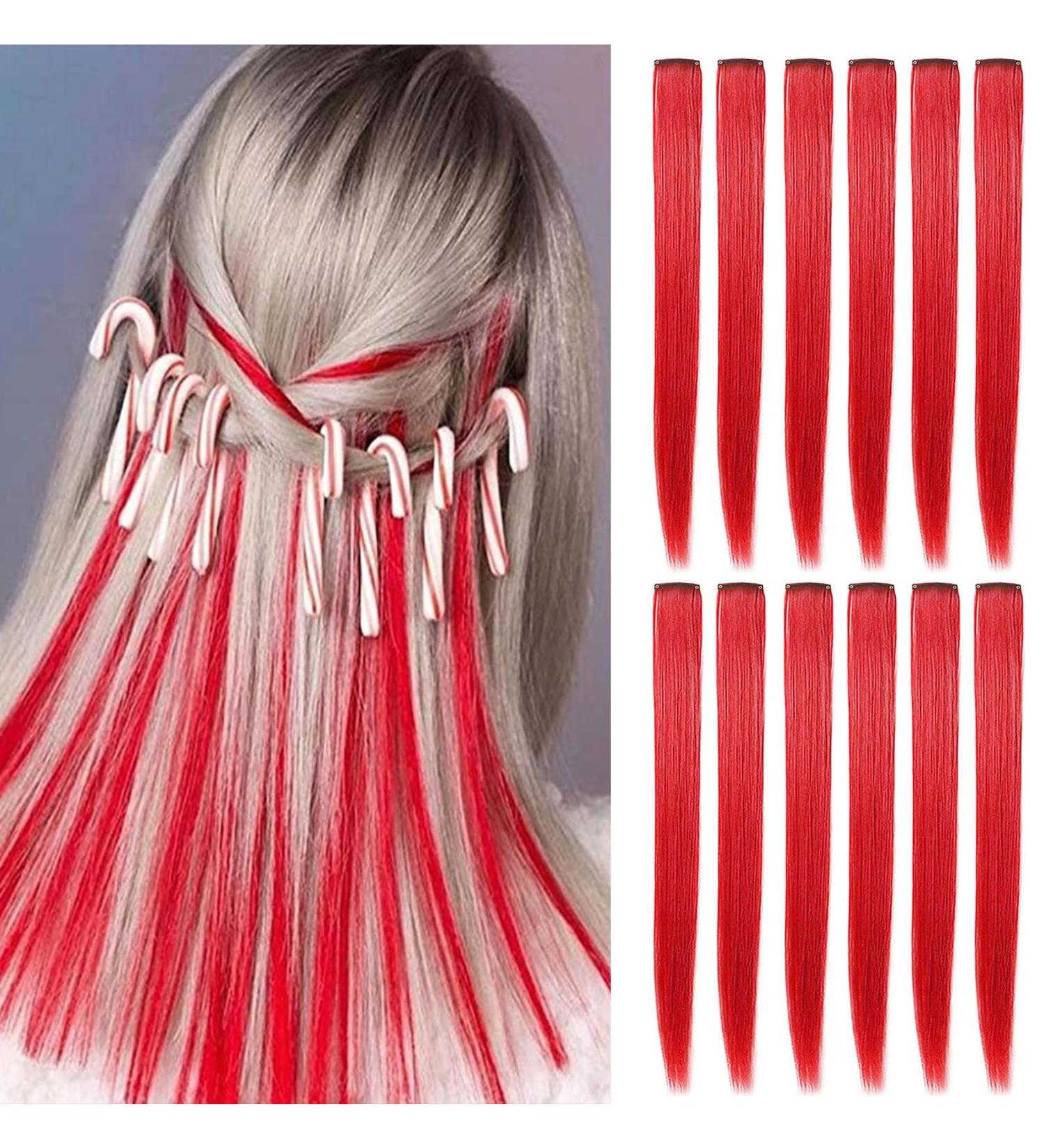 FC SWS 12 Colored Clip-In Hair Extensions | 21 Inch Heat-Resistant Synthetic Hair for Women & Girls | Multi-Colored Party Highlights | Perfect Gift (Red) - Buy Online on GoSupps.com