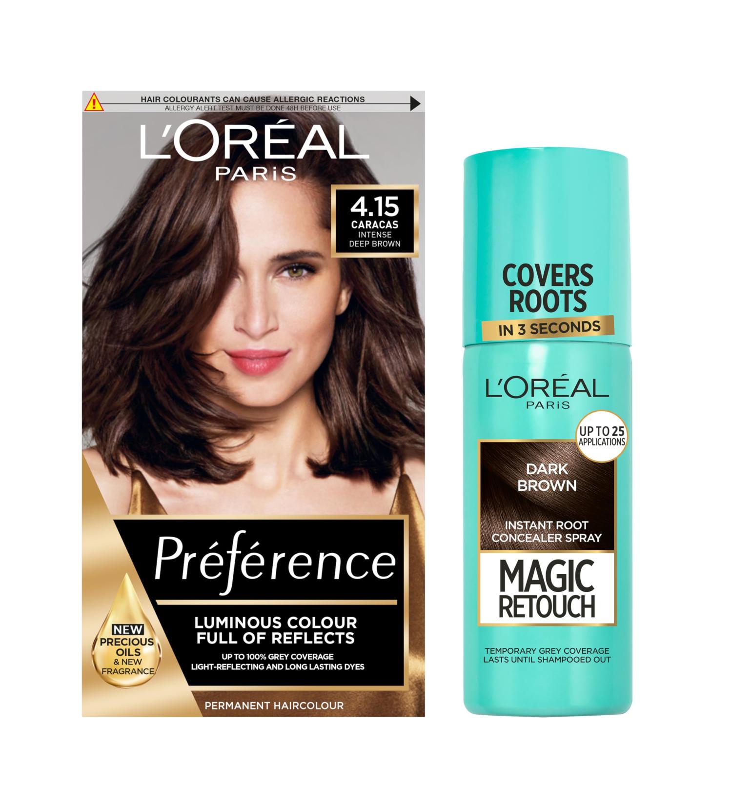 L'Oreal Paris Preference Permanent Hair Dye Intense Deep Brown 4.15 + Magic Retouch Dark Brown Root Touch Up 75ml Set For Perfect Hair & Roots Coverage In Between Colours Deep Brown Hair Dye & Root Touch Up 1 count (Pack of 1) - Buy Online on GoSupps.com