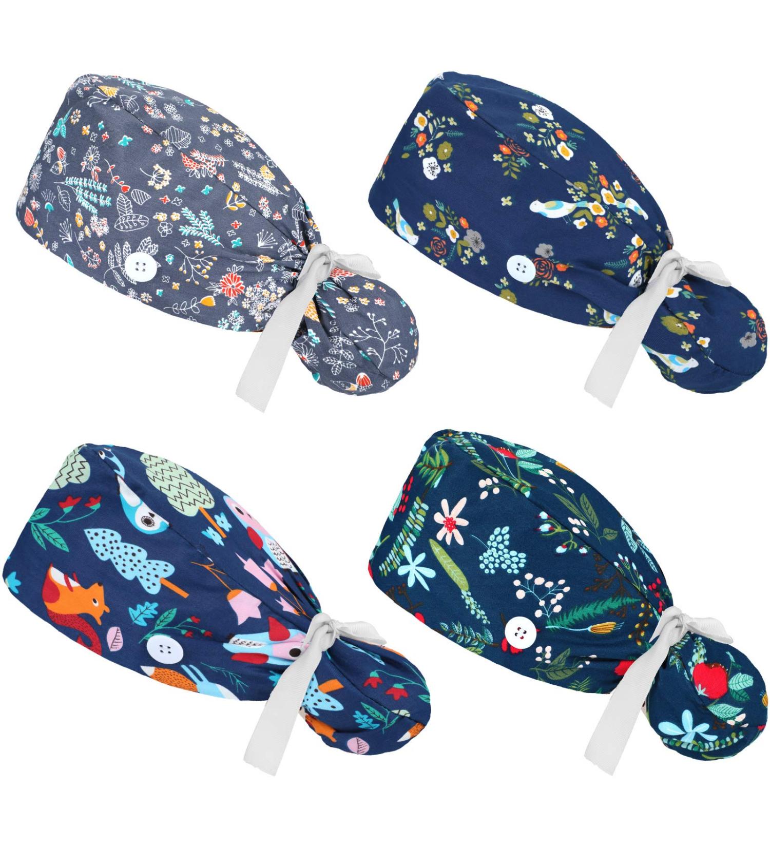 Adjustable Women's Scrub Caps with Buttons - 4 Pcs Nursing Bouffant Turban Hats (Fresh Style) - Buy Online on GoSupps.com