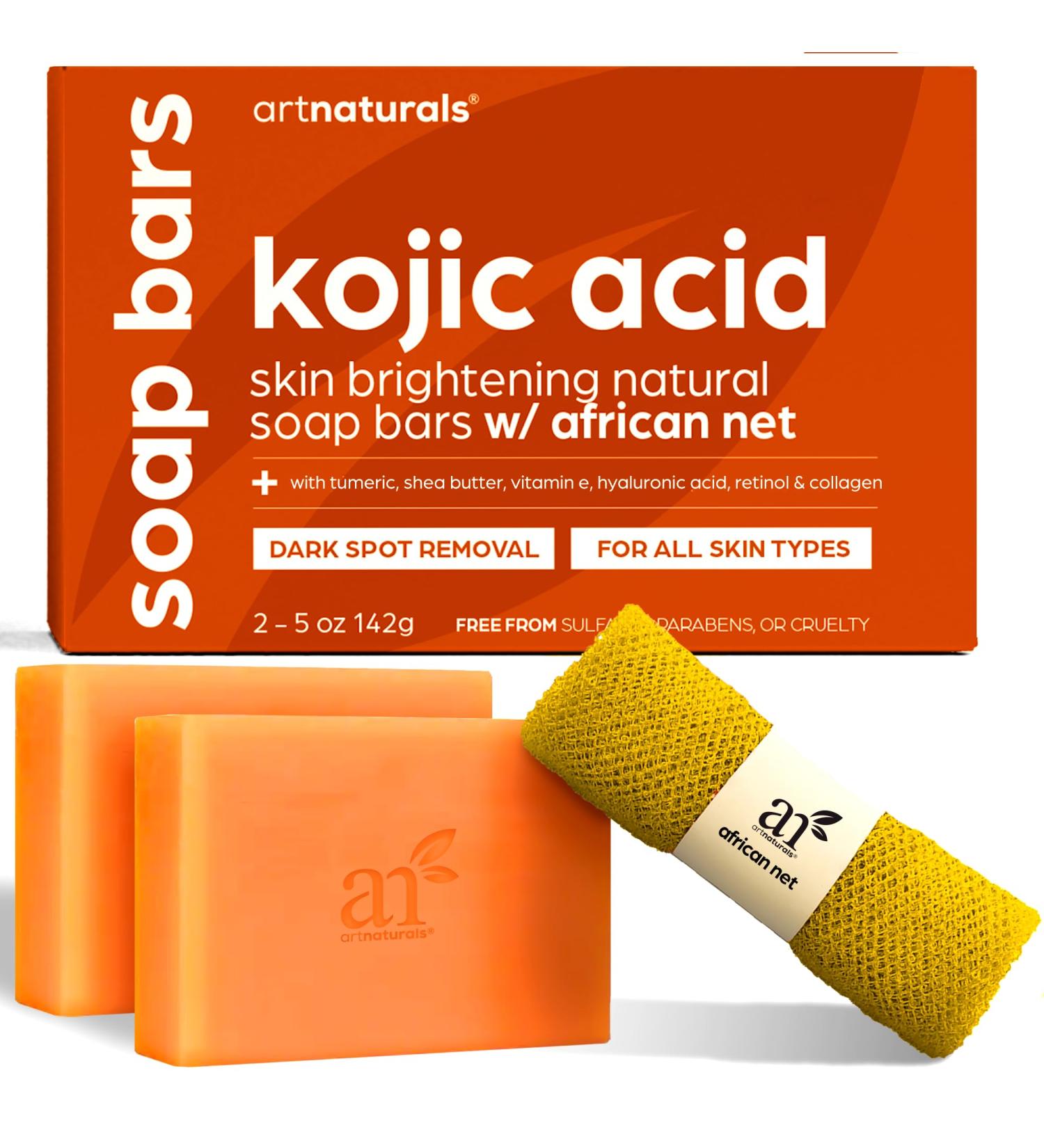 Artnaturals Kojic Acid Soap & African Net Sponge - Dark Spot Remover Scars Treatment (2 Pack x 142g) with Vitamin C Hyaluronic Acid Shea Butter - Citrus Scent - Buy Online on GoSupps.com