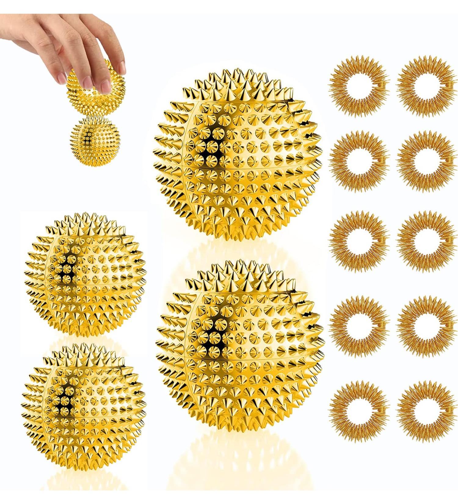 4 Skills Igelball Massage & 10 Acupressure Rings Set for Stress Relief - Metal Hedgehog Balls & Finger Rings - Gold Acupressure Solutions - Buy Online on GoSupps.com