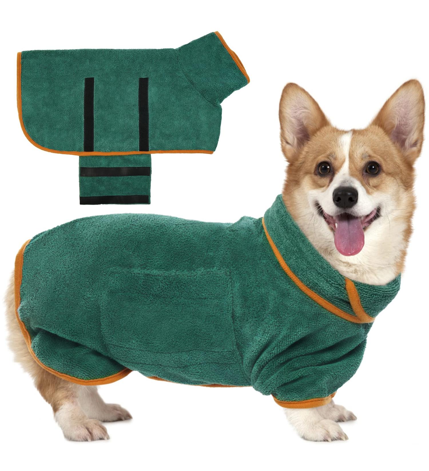 Kuoser Dog Bathrobe Towel | Extra Absorbent Microfiber Bathing Wrap for Medium Dogs | Adjustable Velcro Fastener | Green Dog Bathrobe - Buy Online on GoSupps.com