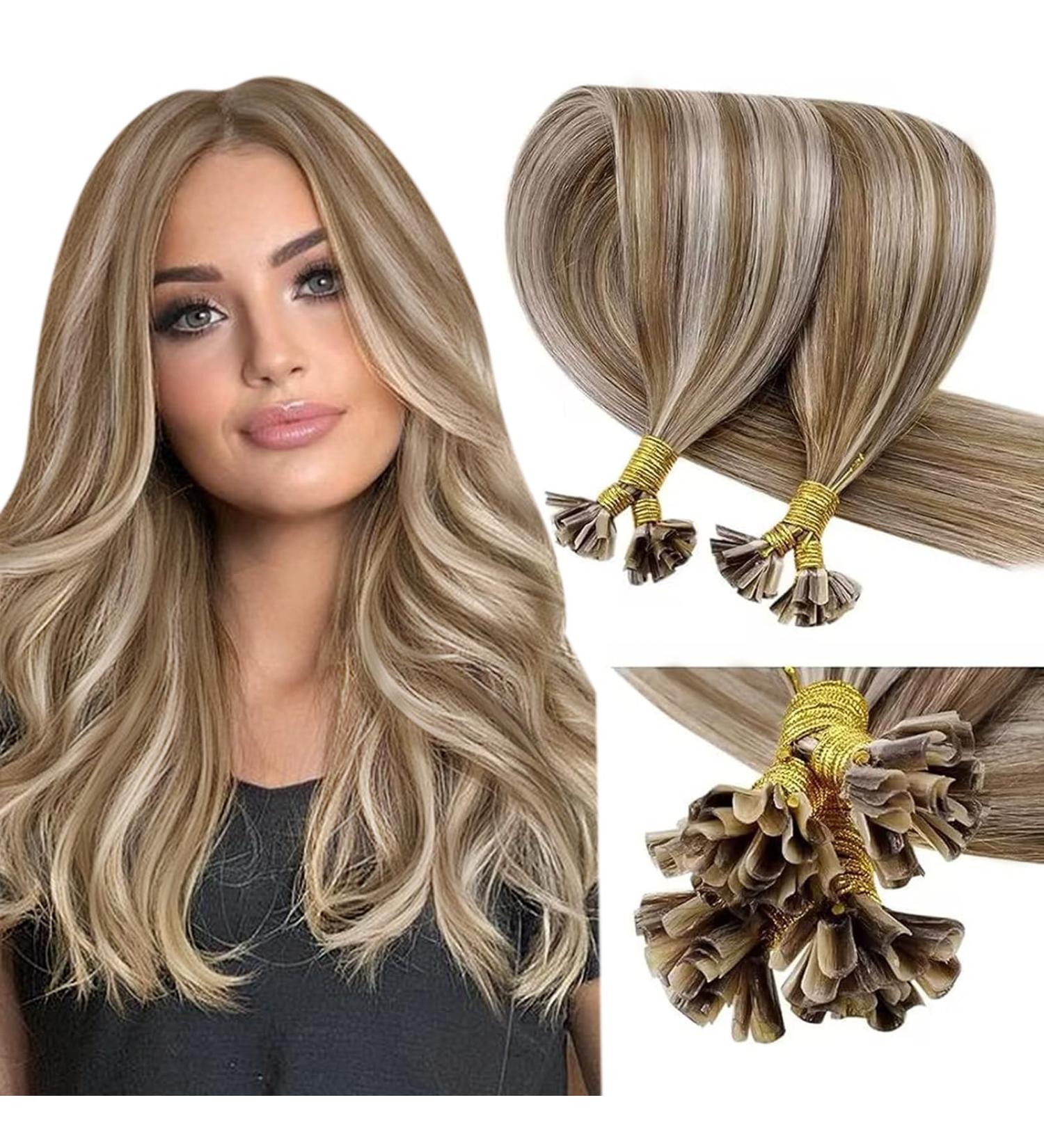 LAAVOO Real Hair Extensions Brown Blonde Keratin Bonding U Tip 35cm #P8/24 | Highlighted Light Brown & Platinum Blond 50g - Buy Online on GoSupps.com