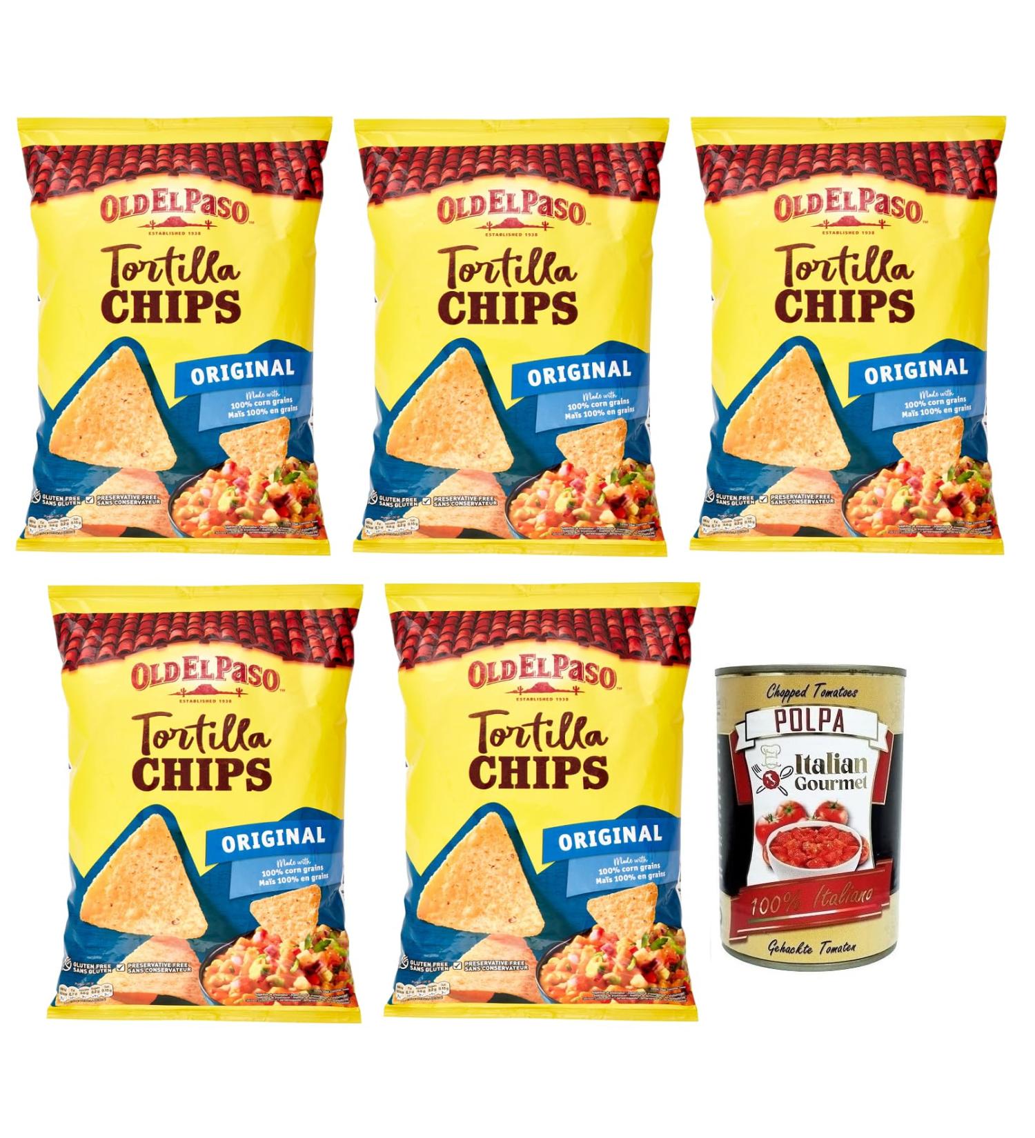 Italian Gourmet E.R. 5 x Old el Paso Tortilla Chips Original Mexican Specialities Corn Chips Lightly Salted Corn Snacks Dipping in Sauce Bag of 185 g + Italian Gourmet Polpa di Pomodoro 400 g Tin - Buy Online on GoSupps.com