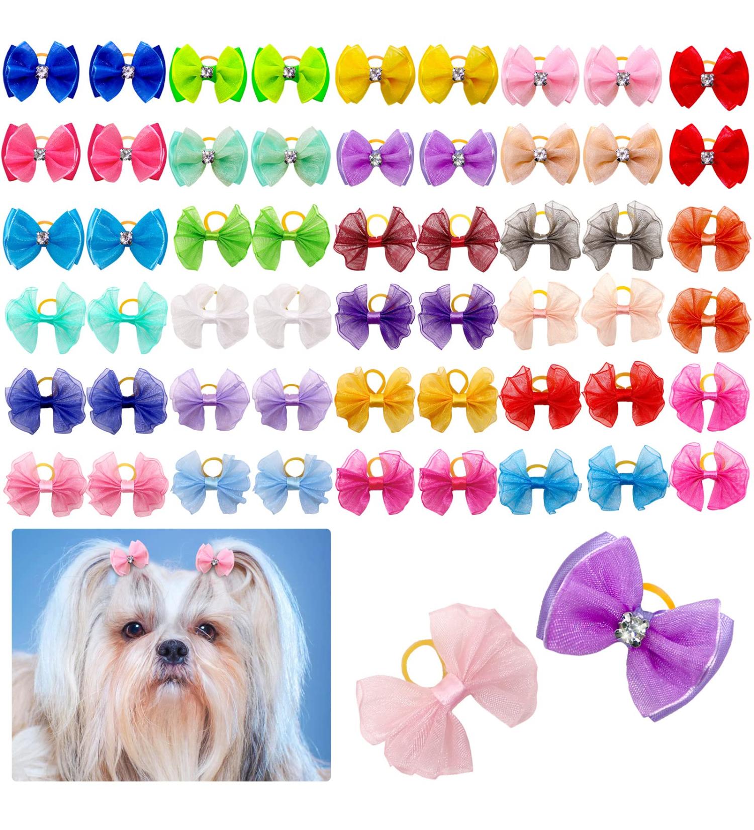 Senniea 60PCS Pet Hair Bows  Puppy Dog Bows with Rubber Bands  20pcs with Drills and 40 pcs Pure Yarn Handmade Pet Hair Grooming Attachments with Rubber Bands (Rubber Bands) - Buy Online on GoSupps.com