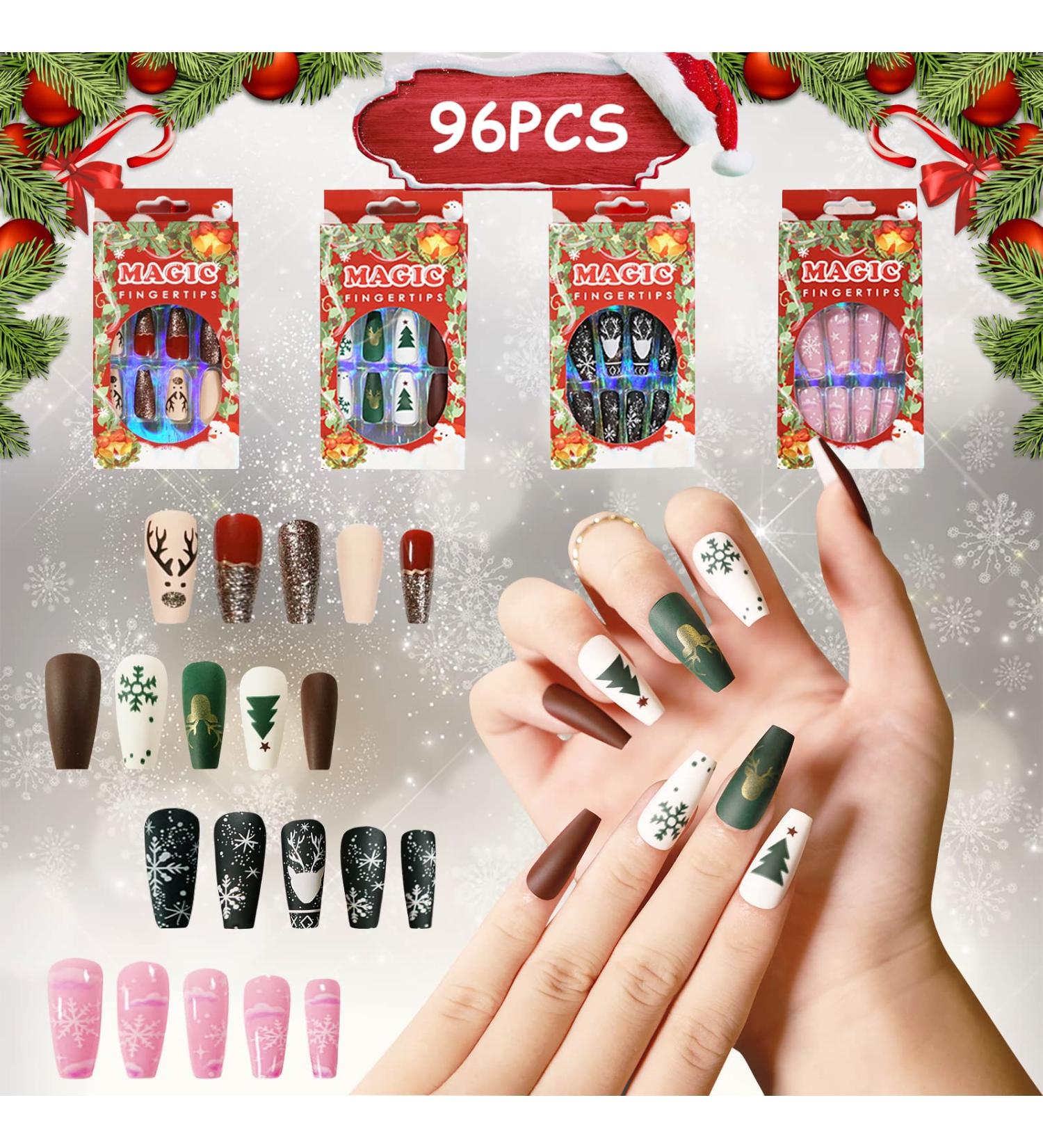 Medium Christmas Stiletto Nails - 4 Boxes Acrylic Nail Tips with Jelly Gum for Holiday Parties - Buy Online on GoSupps.com