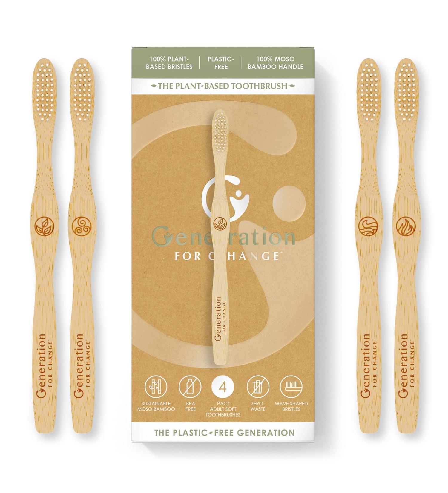 Generation For Change Plant-Based Toothbrush 4 Pack | Adult Soft Bamboo | Biodegradable Bristles | Eco-Friendly & Sustainable | Zero Waste - Buy Online on GoSupps.com