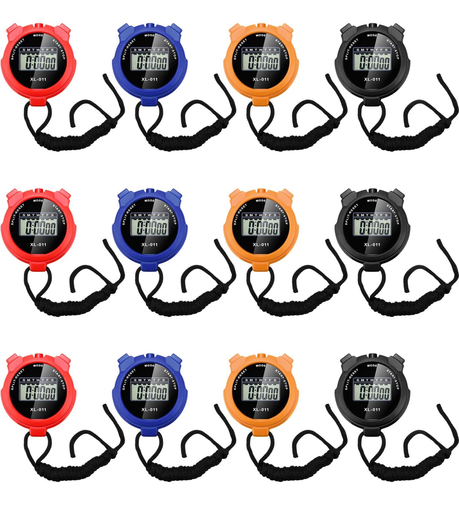 12 Pcs Digital Stopwatch Timer for Sports - Multi Function Stopwatch with Lanyard - Large Display Waterproof Alarm - Fitness Referees - (Variety of Colors) - Buy Online on GoSupps.com