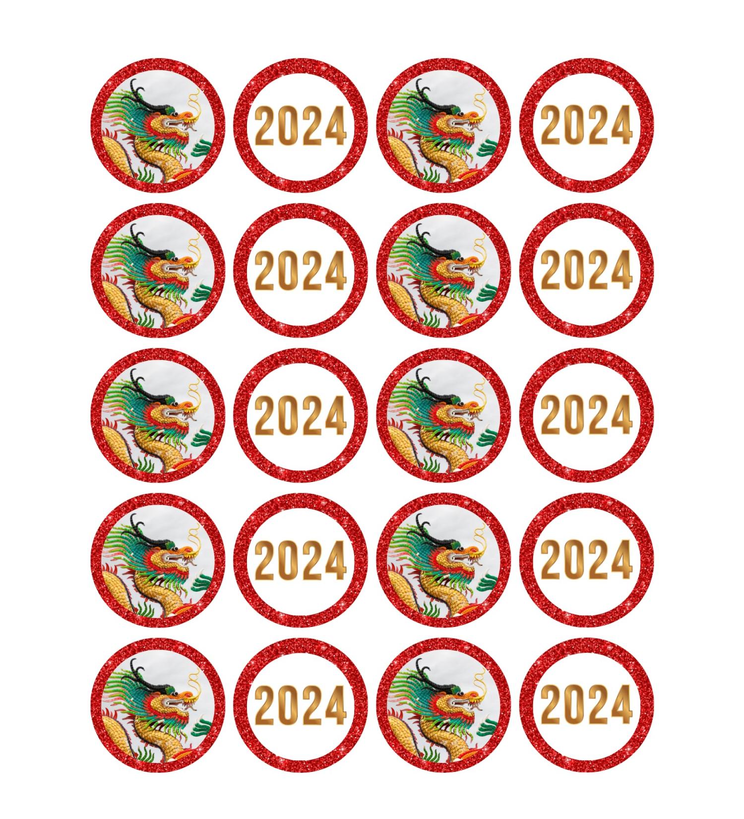 edible 20 x Chinese new year 2024 cupcake toppers UNCUT Year of Dragon -3 (wafer card)