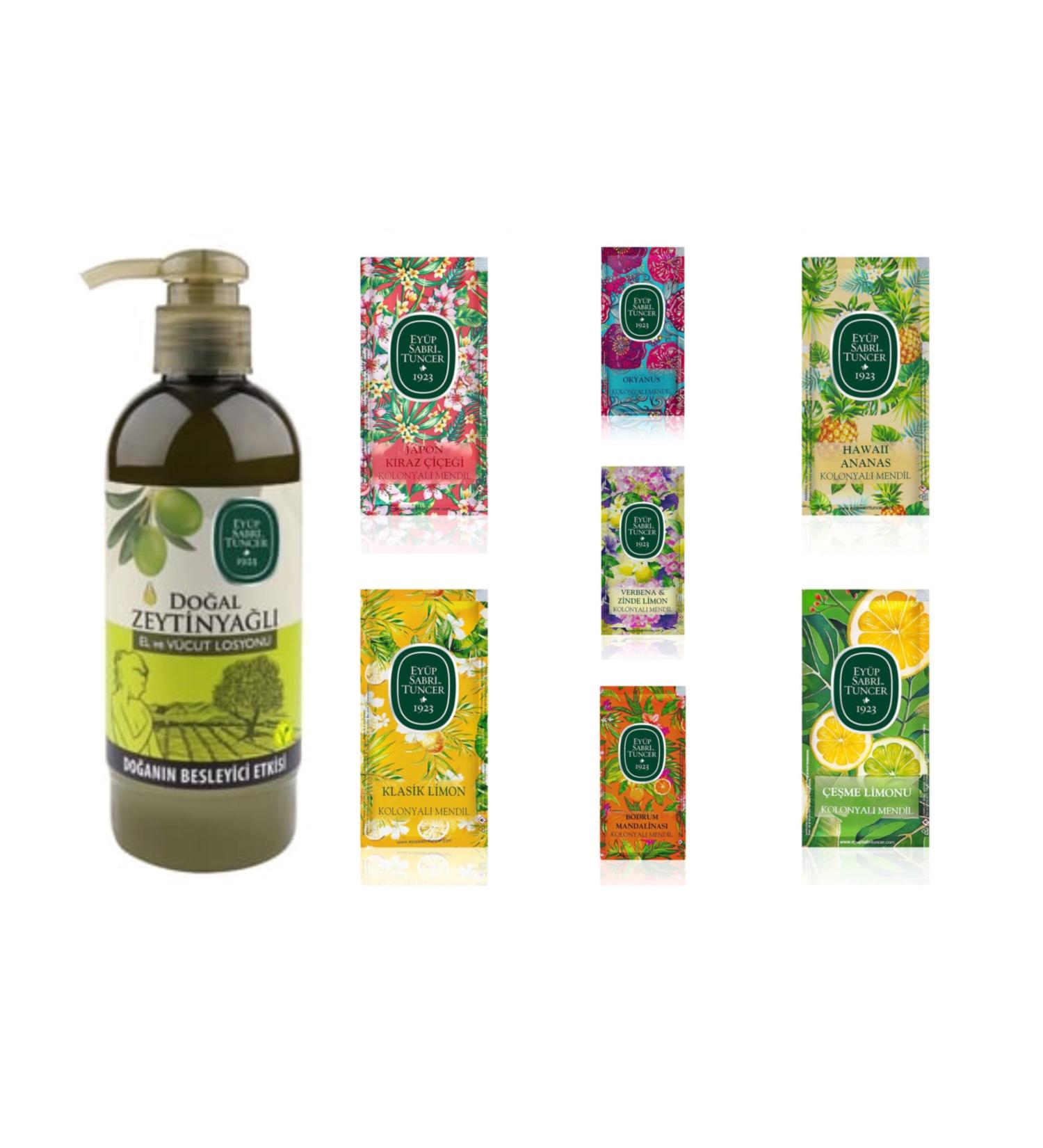 EY P SABR TUNCER EYUP Sabri Tuner Set of 35 natural olive oil hand and body lotions 250 ml + refreshing wipes - Buy Online on GoSupps.com