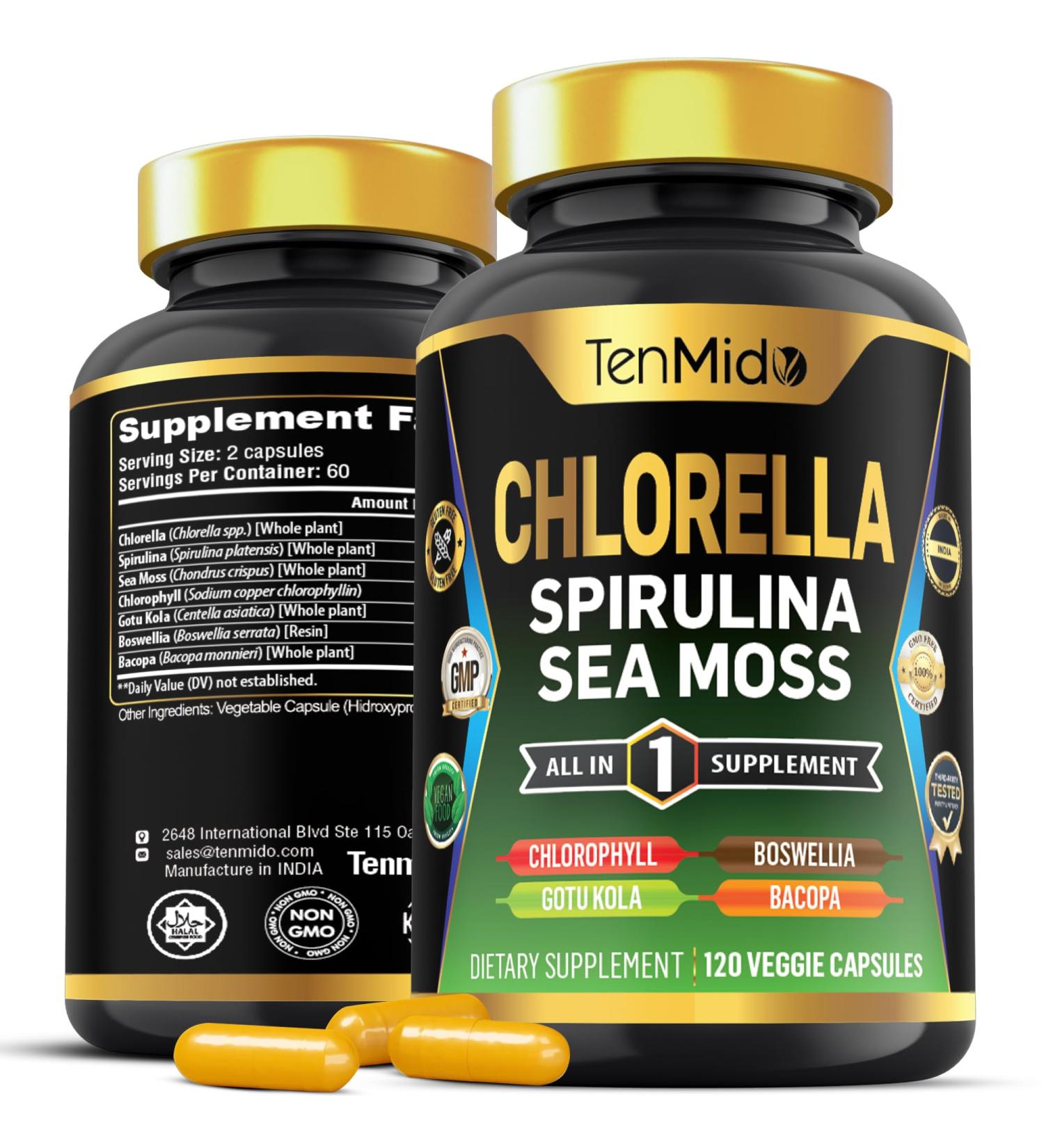 Tenmido Chlorella Supplement for Men and Women - 7in1 Formula with Spirulina Sea Moss Chlorophyll Gotu Kola Boswellia & Bacopa - Immune Support - Rich in Nutrient Vitamins - 120 Capsules - Buy Online on GoSupps.com
