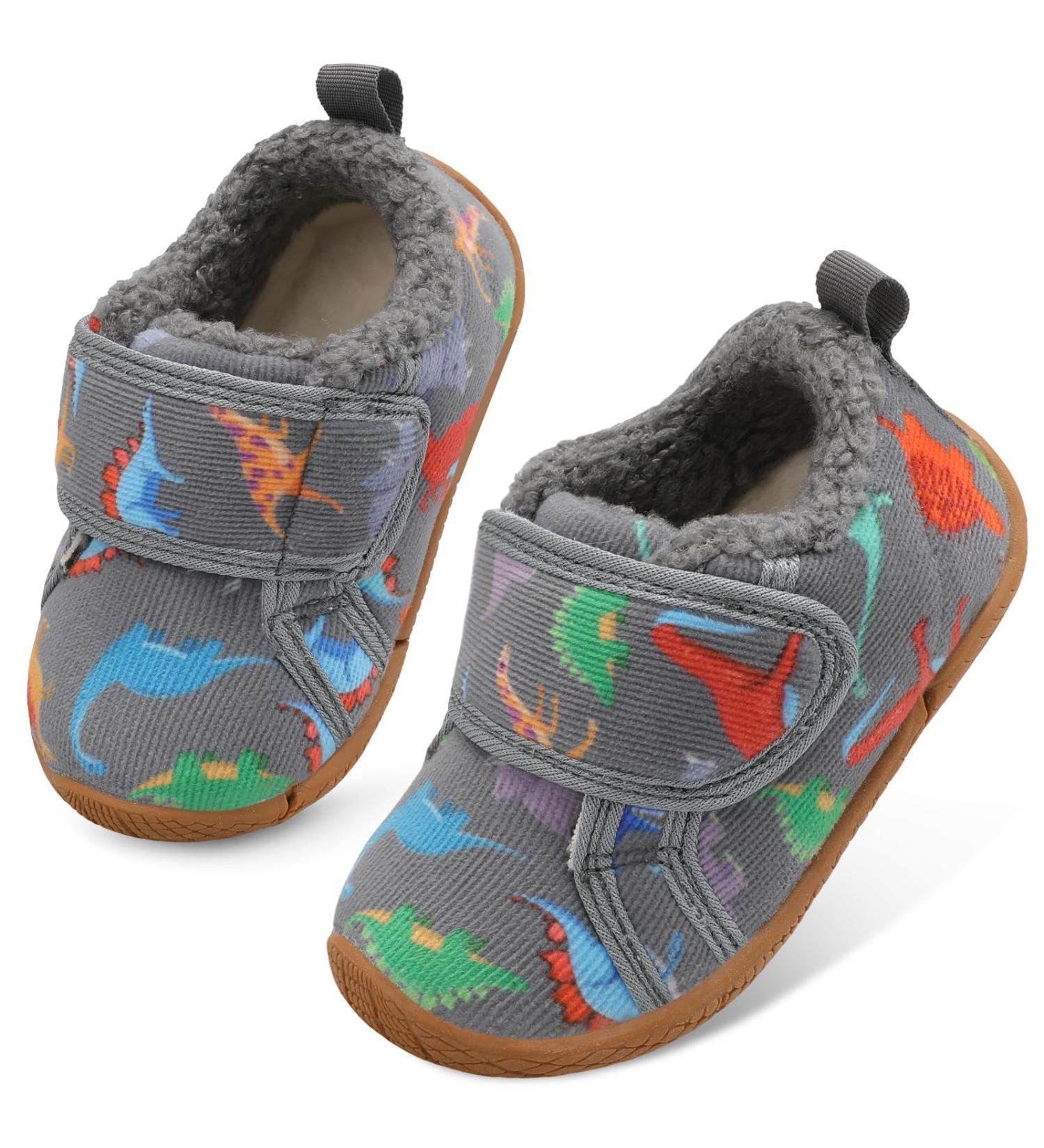 JOINFREE Anti-Slip Plush Baby Shoes | Baby Girl First Walking Slipper Shoes | Toddler Cozy Shoes | Grey Dinosaur Design | 3.5/4.5 UK Child - Buy Online on GoSupps.com