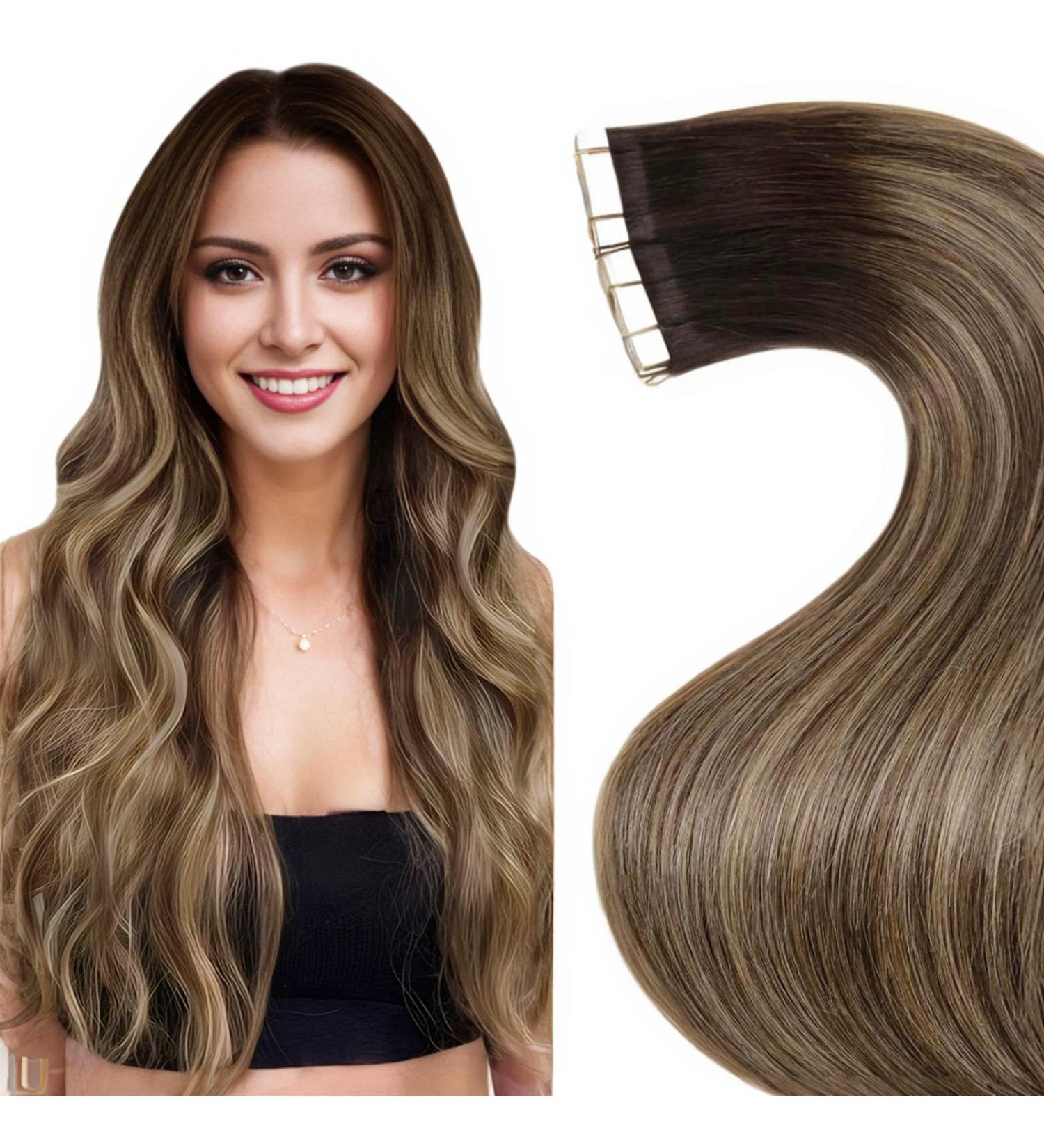 LAAVOO Remy Hair Tape Extensions - Brown Ombre Dark Brown Balayage 45cm | Invisible Skin Weft 50g | 20pcs #4/27/4 - Buy Online on GoSupps.com