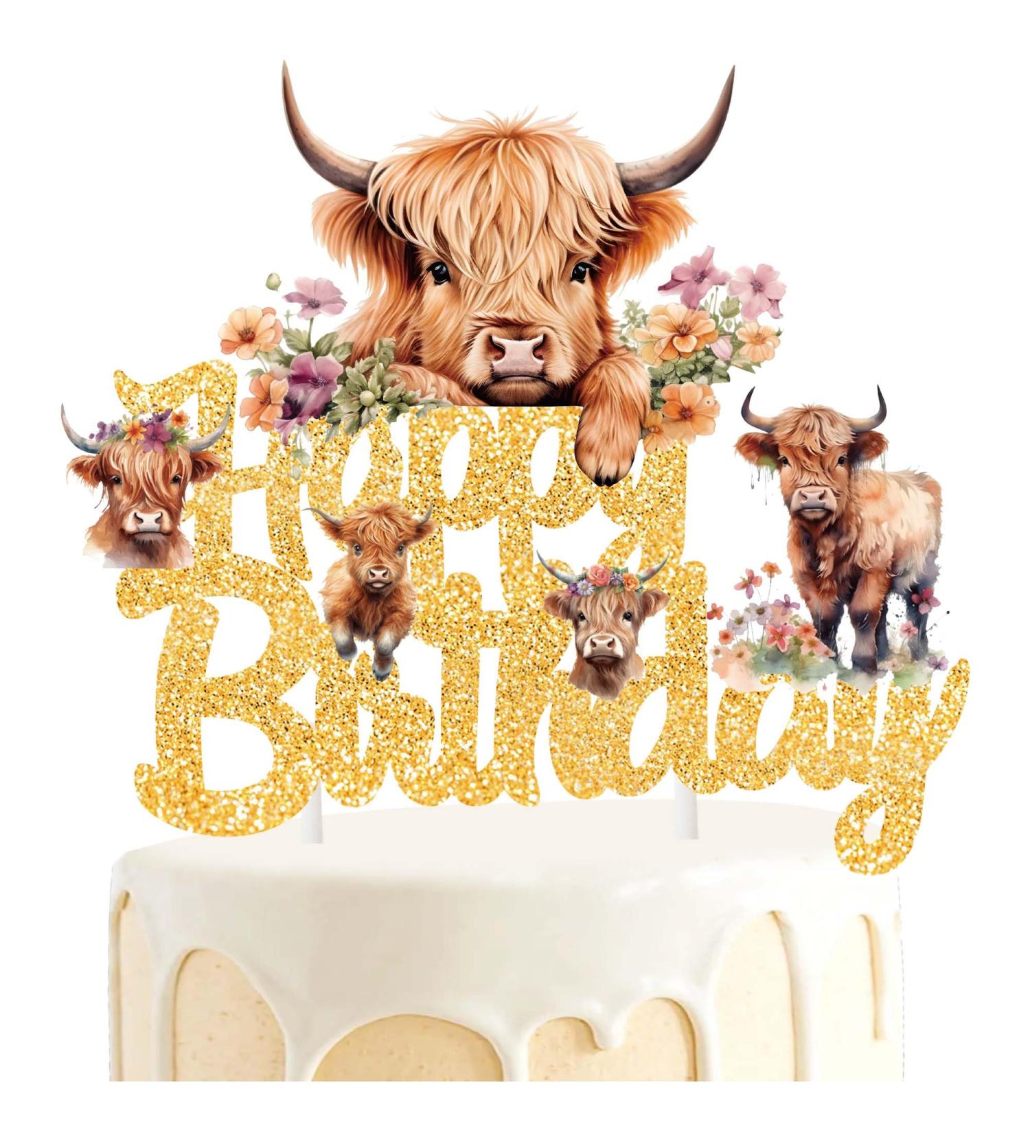 Highland Cow Birthday Cake Topper Gold Glitter Highland Cow Birthday Party Decorations Brown Cow Cake Topper Highland Cow Birthday Cake Decorations for Western Highland Cow Baby Shower Supplies - Buy Online on GoSupps.com