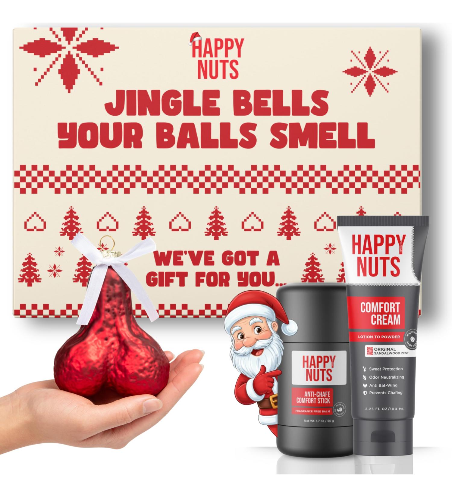 Happy Nuts Holiday Anti Chafing Deodorant Festive Essentials Bundle Kit - Perfect Men's Gift for Christmas - Includes Anti Chafing Comfort Cream Deodorant Chafe Stick & Cheeky Ornament Jingle Bells Your Balls Smell - Buy Online on GoSupps.com