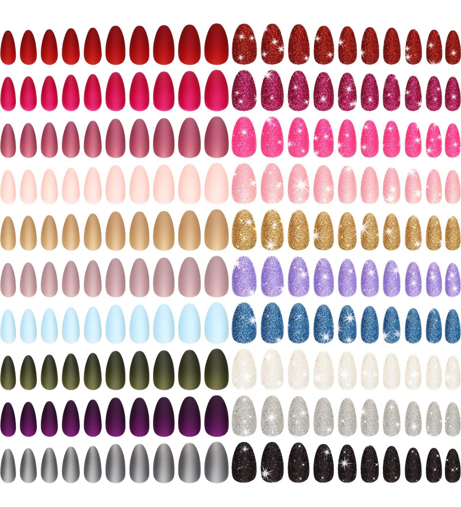 480 Piece 20 Sets Matte & Glitter False Nails: Medium Long Almond Press-On Nails for Women & Girls - Buy Online on GoSupps.com