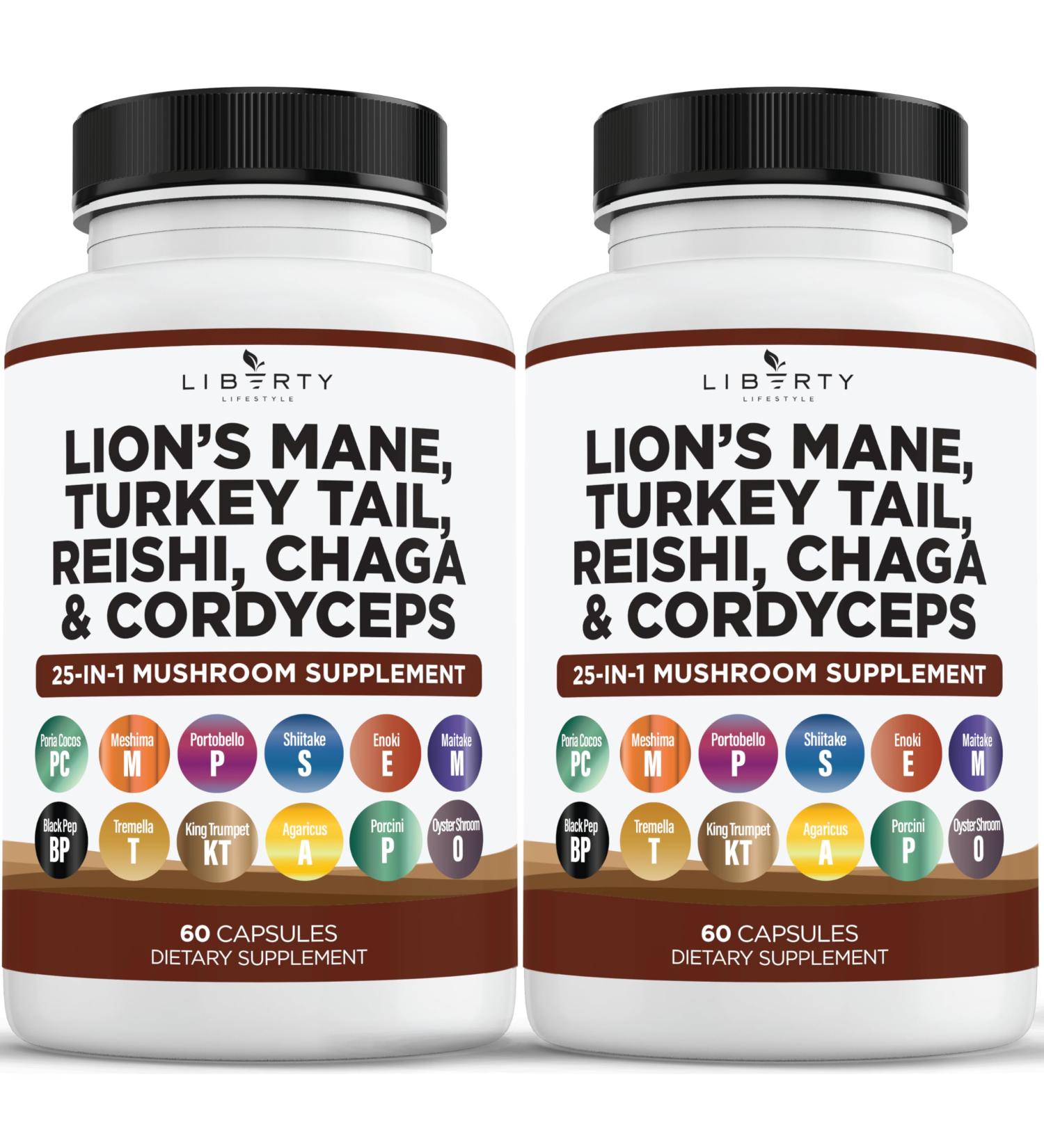 Lions Mane Mushroom Supplement with Turkey Tail Reishi Cordyceps Chaga with Marshmallow Root - 2-Pack 120 Capsules (Pack of 2) - Buy Online on GoSupps.com