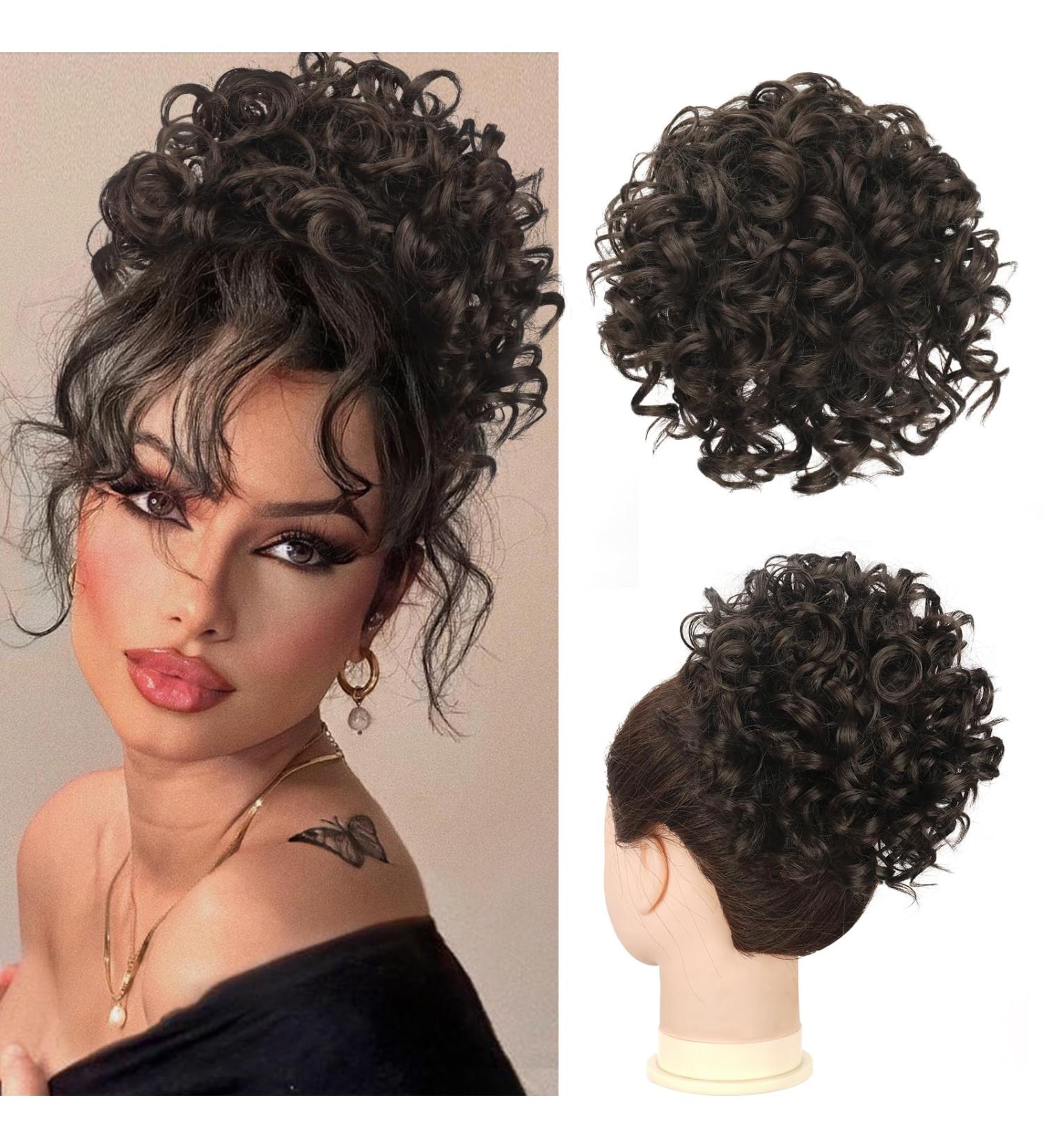 RUWISS Short Curly Drawstring Ponytail Extension in Black Brown | Synthetic Hair Bun for Women | Messy Bun Hair Piece | 1 Count - Buy Online on GoSupps.com