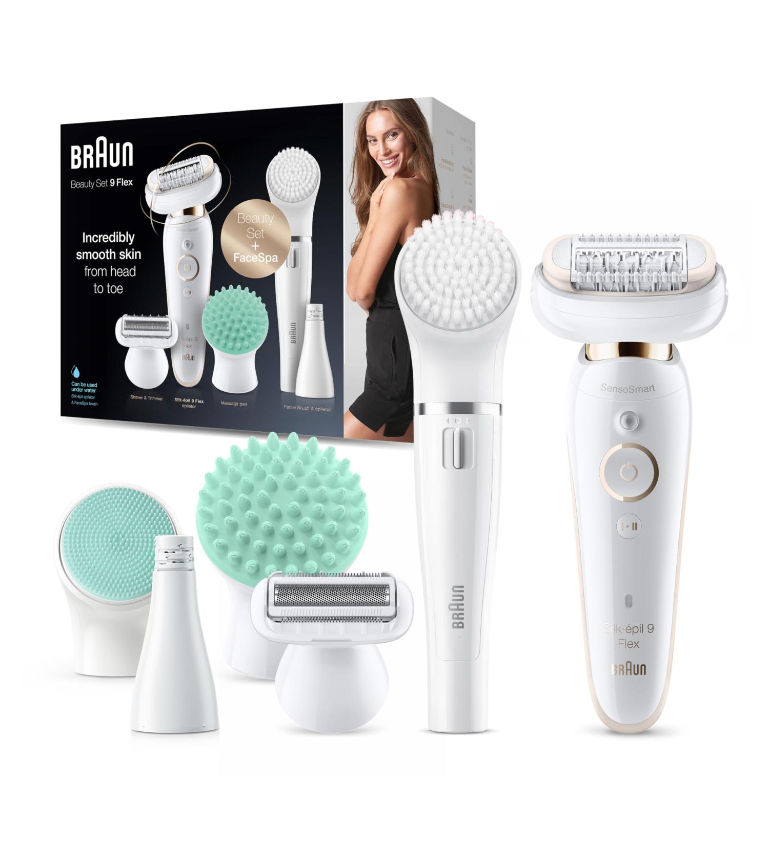 Buy Braun Silk- pil 9 Flex Beauty Set - Women's Epilator & Facial Hair Remover with 8 Attachments | White/Gold Flex 9300 - International Shipping Available - Buy Online on GoSupps.com