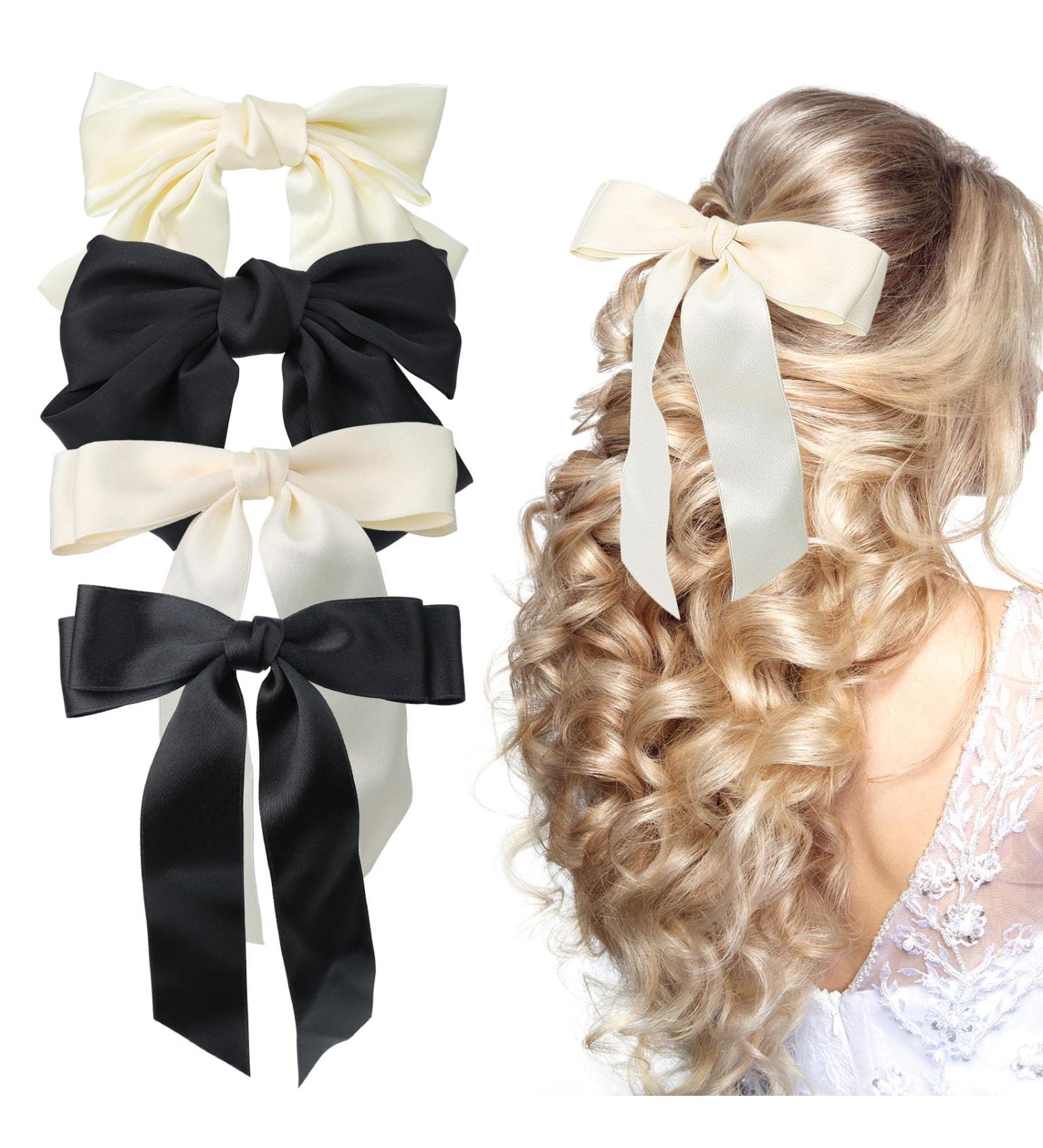 TOPBELIEF Silk Bow Ponytail Barrettes 4 Pieces Hair Clips with Large Bow Hair Bows for Women Elegant Bow Hair Accessories Black and Beige - Buy Online on GoSupps.com