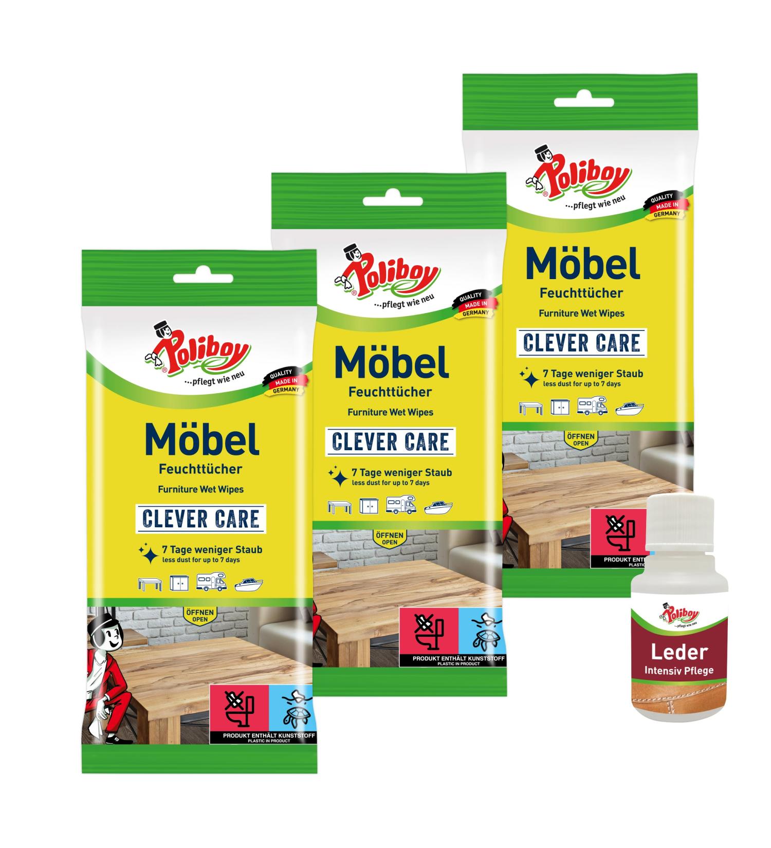 Poliboy furniture wet wipes - dust towels for all surfaces wood plastic metal - all -purpose wipes for the household - 3x 24 towels - with product sample - Made in Germany M bel 24 pieces (3 -pack)