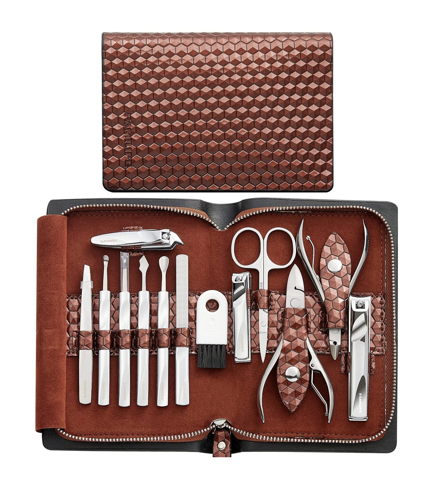 Familife Manicure Set for Men - Professional 12PCS Nail Kit in Brown Leather Case - Buy Online on GoSupps.com