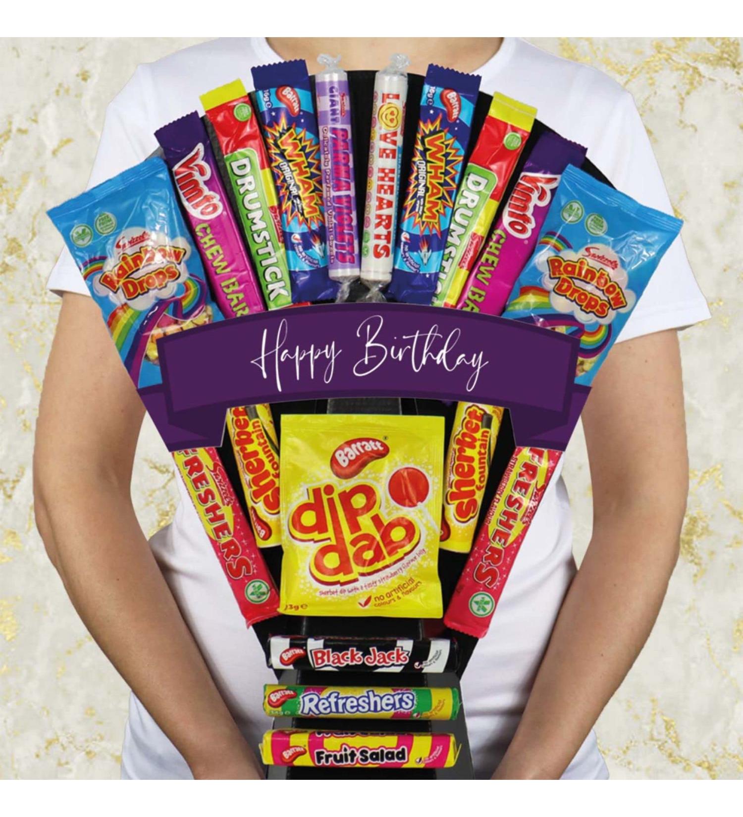The Retro Sweets Bouquet With Dip Dab Black Jack Fruit Salad & More - Happy Birthday - Buy Online on GoSupps.com