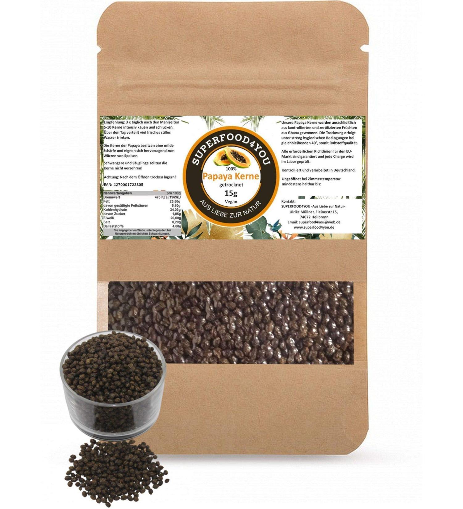 Buy Superfood4you Papaya Seeds 15g - Raw Food Gluten & Lactose-Free Pure & Additive-Free Controlled at 40 C - Nutrient-Rich Superfood - Buy Online on GoSupps.com