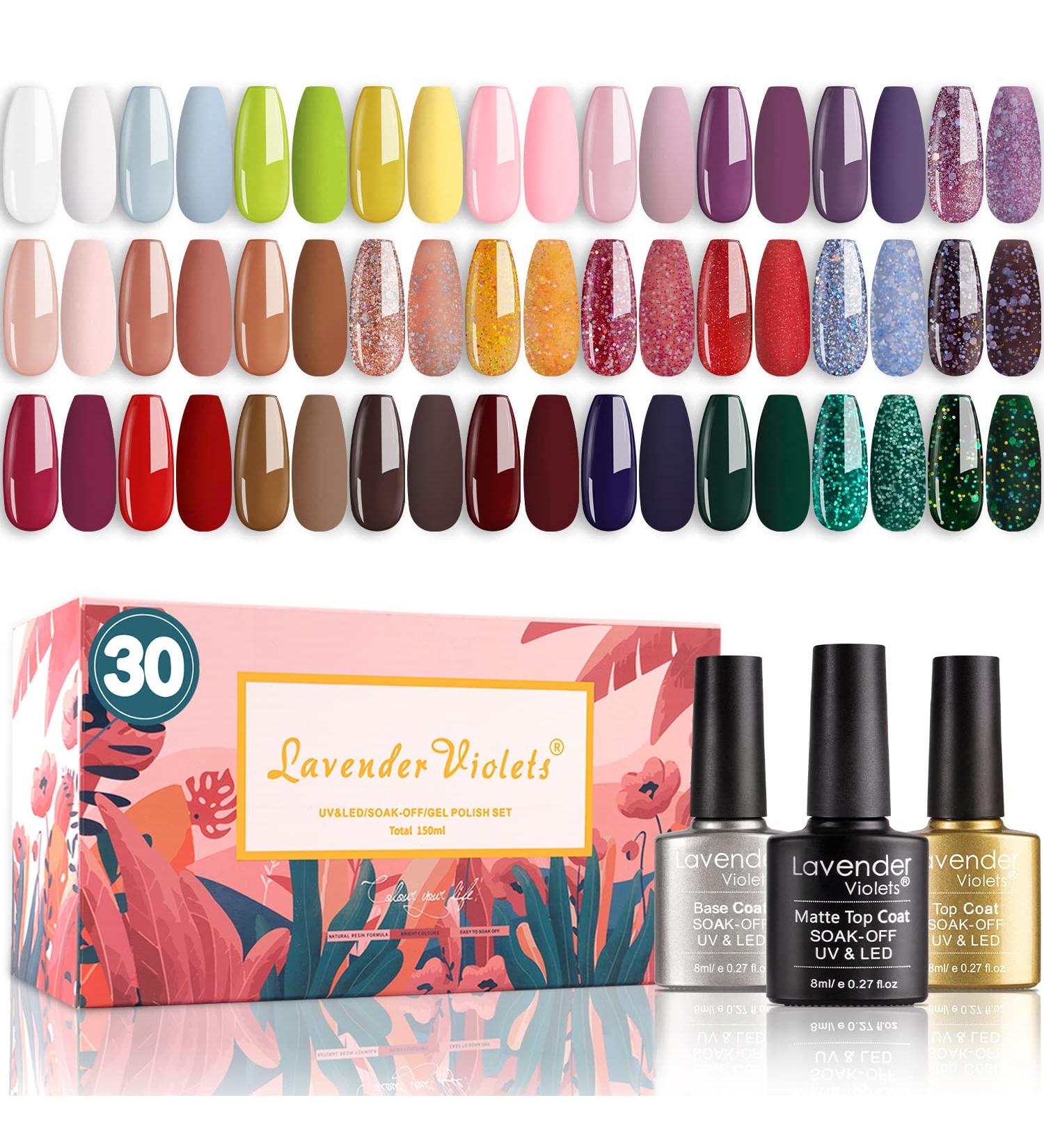 Lavender Violets Gel Nail Polish Kit - 27+3 Colors, Red Pink Purple Green Soak-off UV LED Nail Gel Set with Base, Matte & Glossy Top Coat - C703 Acid Green - Buy Online on GoSupps.com