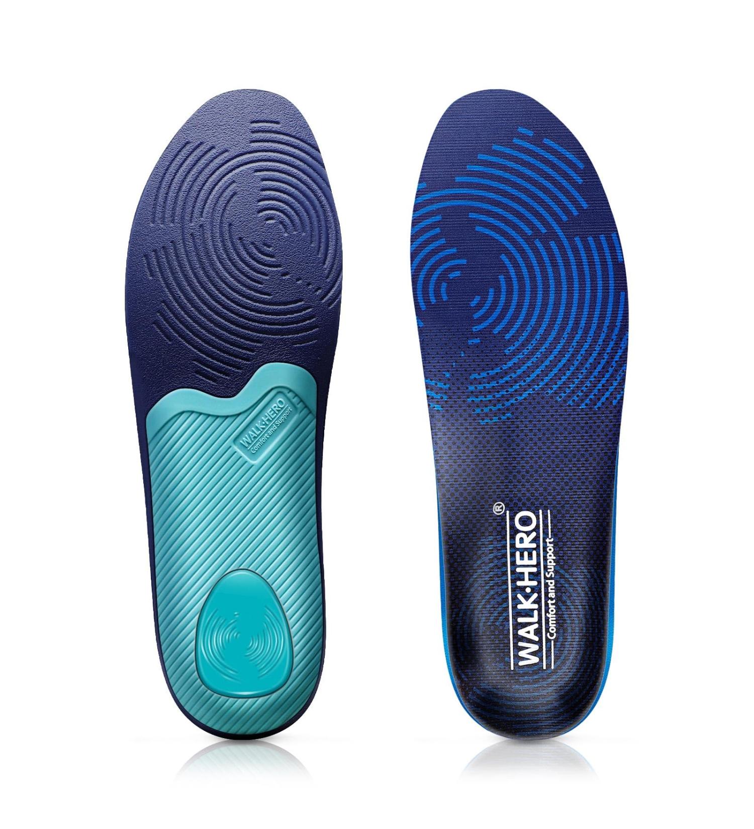 WALKHERO Medium Arch Support Insoles for Men & Women - Cushioning Orthotic Inserts for Plantar Fasciitis Relief Shock Absorption | Sizes 6-6.5 (M) & 8-8.5 (W) - Blue - Buy Online on GoSupps.com